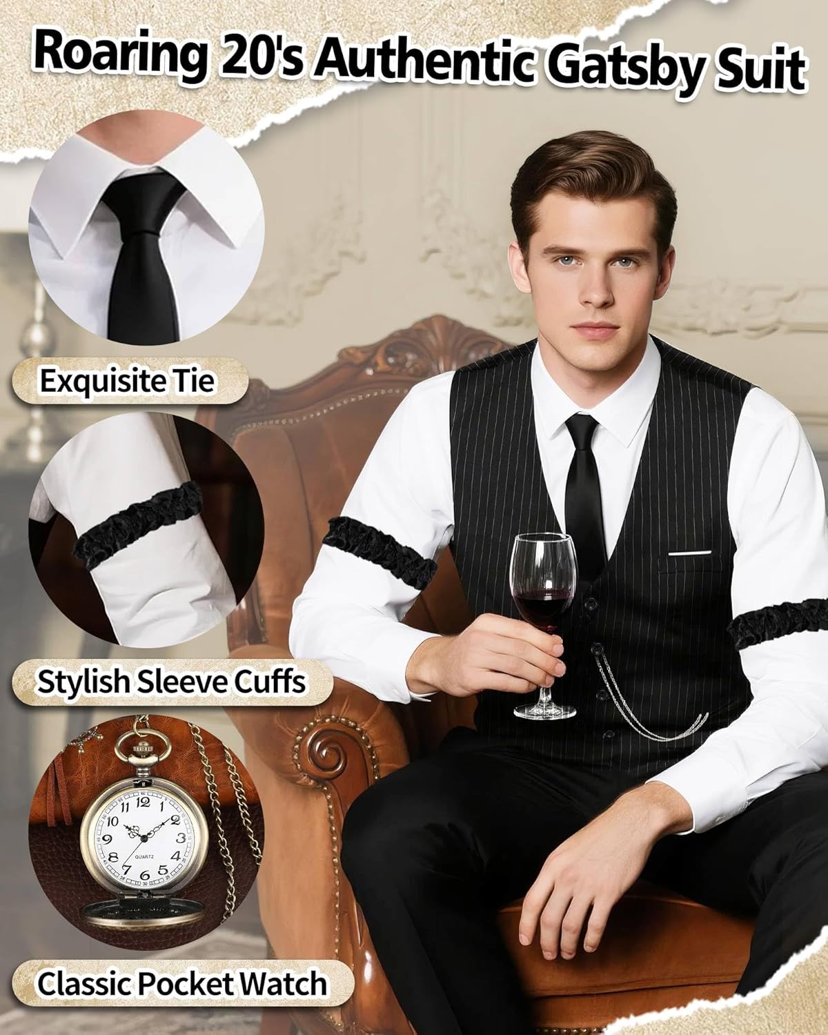 1920s Mens Costume, Roaring 20s Costumes for Men, Fedora Hats for Men 1920S Mens Outfit with Hat, Vest,Pocket Watch - Image 5