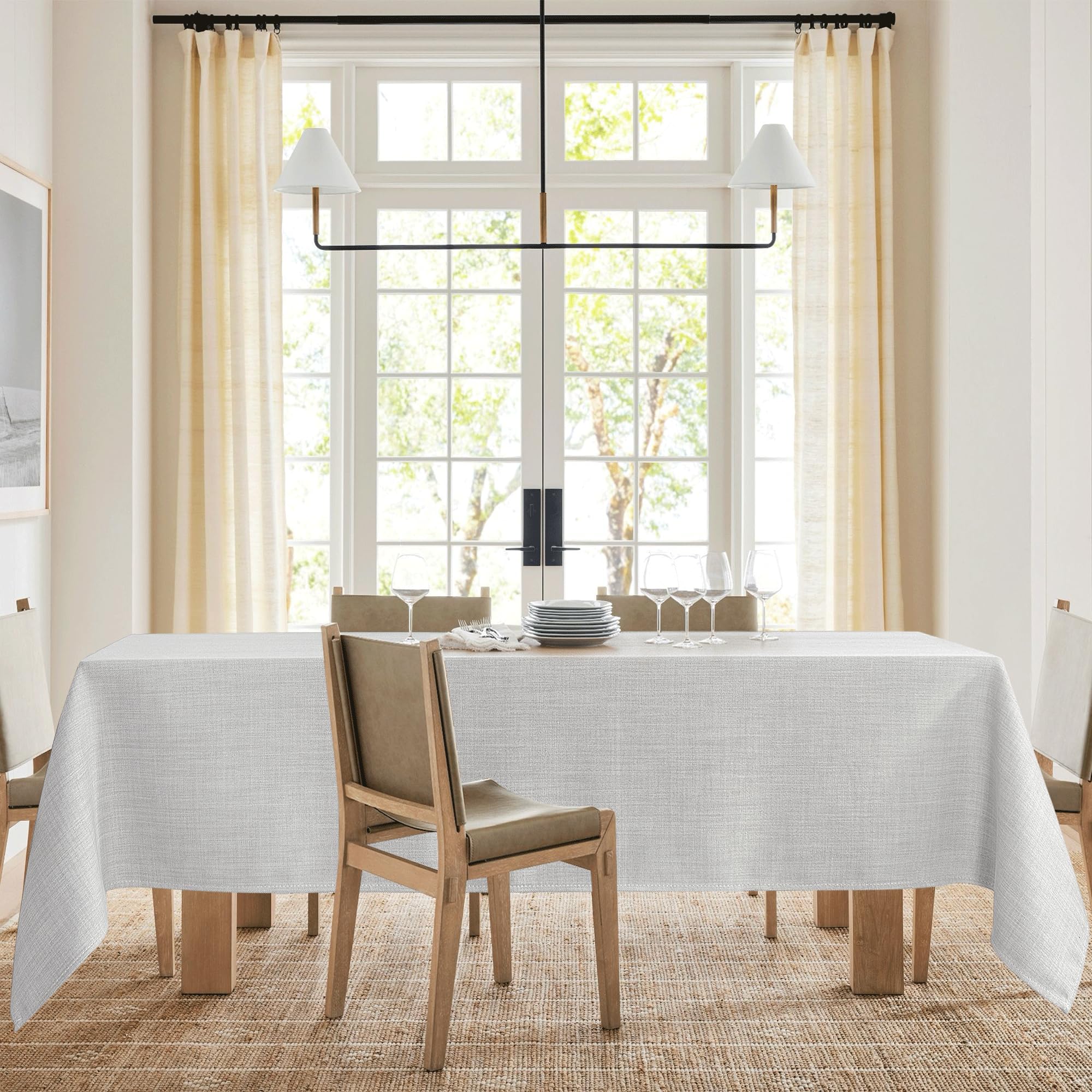 NICETOWN White Linen Thick Tablecloth, Rectangle 55 x 84 Inch Stain Resistant Wrinkle Resistant, Washable Duable Rustic Table Cover for Dining Room Kitchen Party Church Events Farmhouse