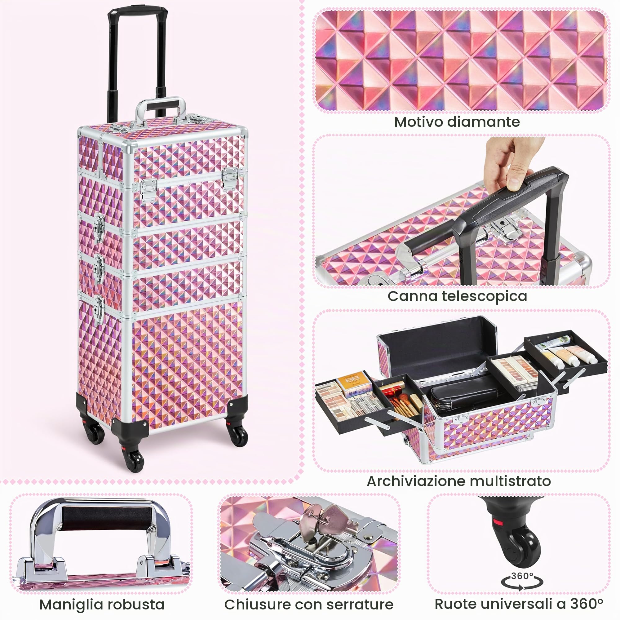 Valigia Porta Trucchi Trolley Make Up 4 in 1 Professionale Beauty Case Estetista Ruote Staccabili Rosa