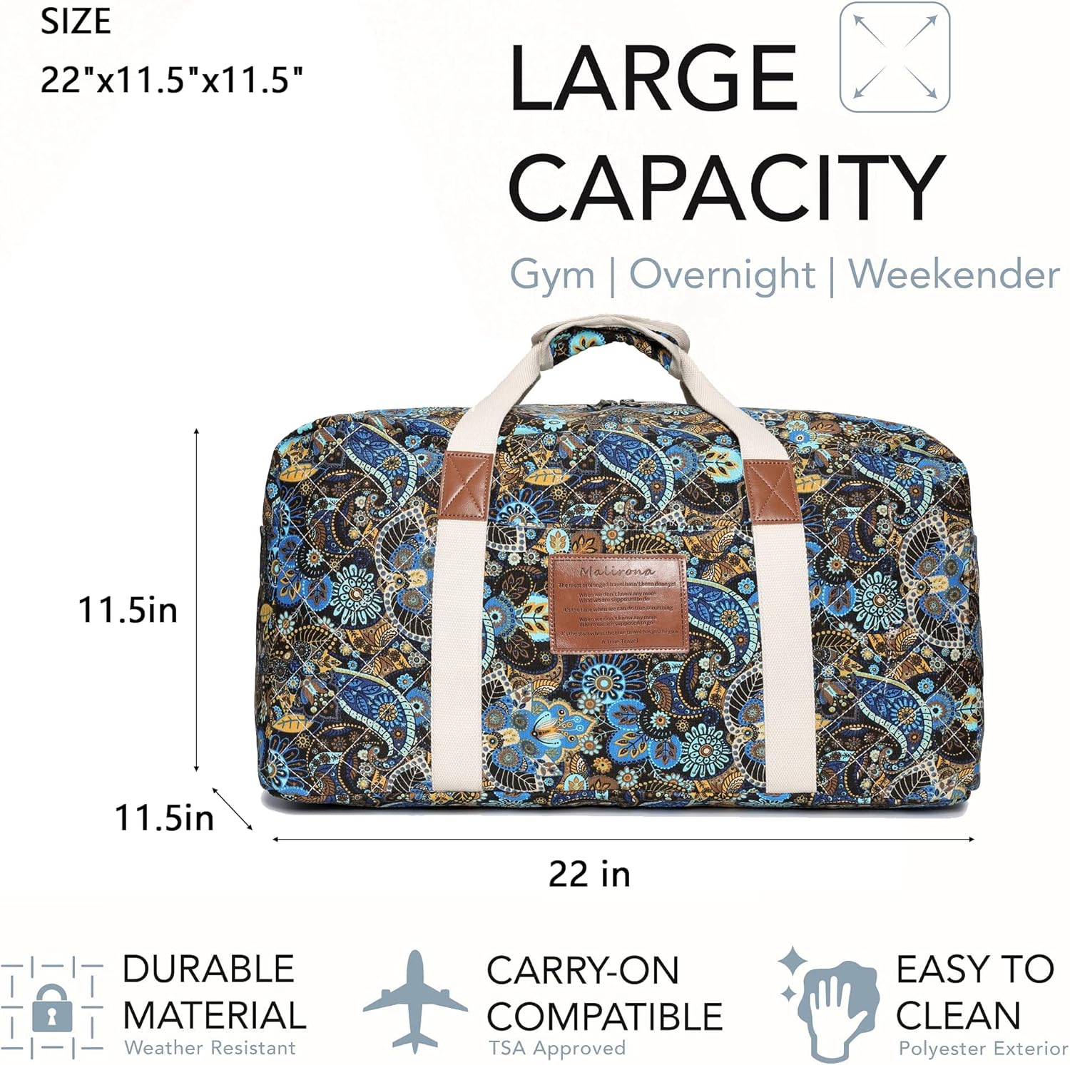 Malirona 22"Canvas Weekender Overnight Bags Travel Duffel Bag Carry On Bag for Women and Girls (Black Flower) - Image 2