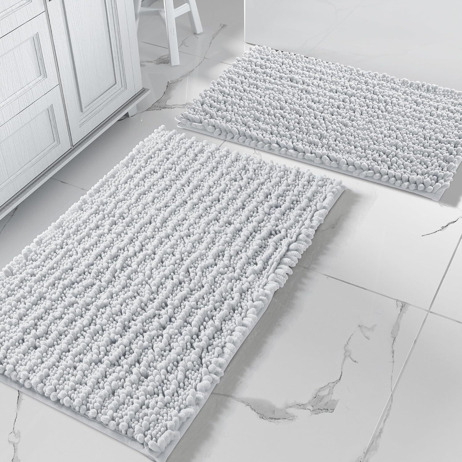 Yimobra Bathroom Rugs Sets 2 Piece - Quick Dry Extra Thick Luxury Chenille Bath Mat, Non Slip Super Absorbent for Tub Shower Sink, Machine Washable Shaggy Floor Mat, 32"x20"+24"x17" Inch, Silver