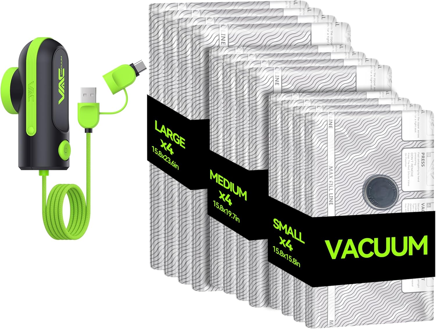 sac de compression avec pompe,12 pièces sacs de rangement pour bagages,puissante aspiration de -58KPa,adapté aux vêtements de voyage et domestiques ainsi qu'aux couvertures(Vert) - Amazon product rated Grade B