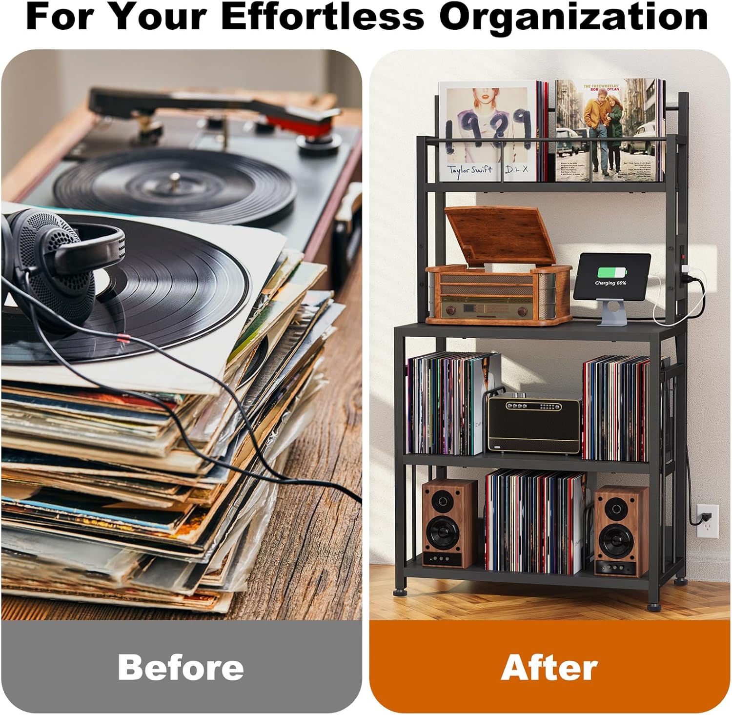 EasyCom Record Player Stand with Vinyl Storage, Turntable Stand Holds Up to 300 Albums, Large Record Player Table with Charge Station, Vinyl Record Stand for Living Room Bedroom, Black