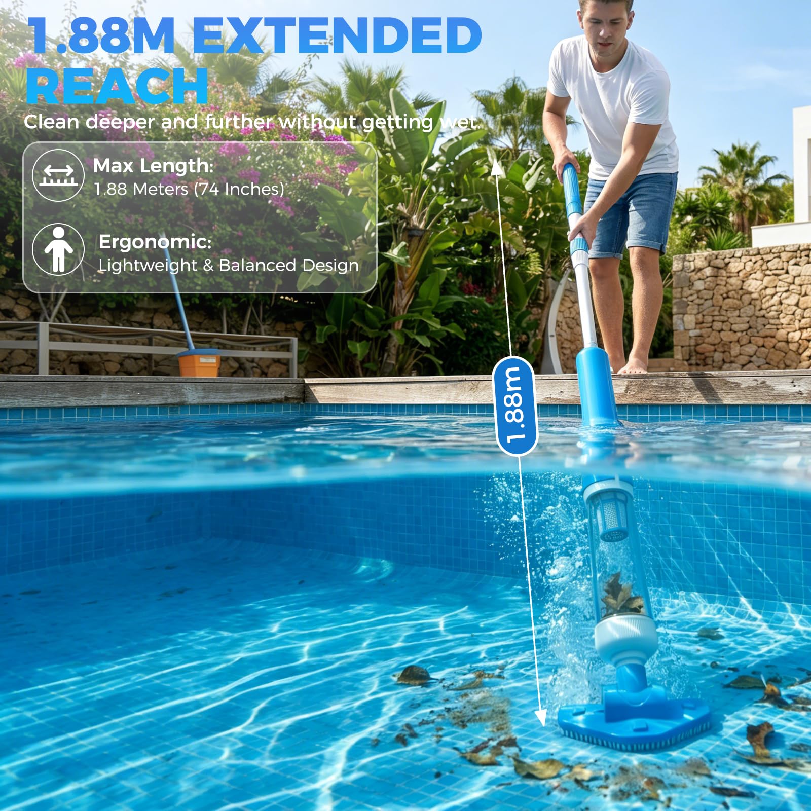 Aspirateur de Piscine sans Fil, 3 en 1 Nettoyeur Électrique à Batterie Rechargeable, Autonomie 70 Min, Aspirateur Piscine pour Spa, Bain à Remous, Piscine Hors-Sol et Enterrée, Bleu