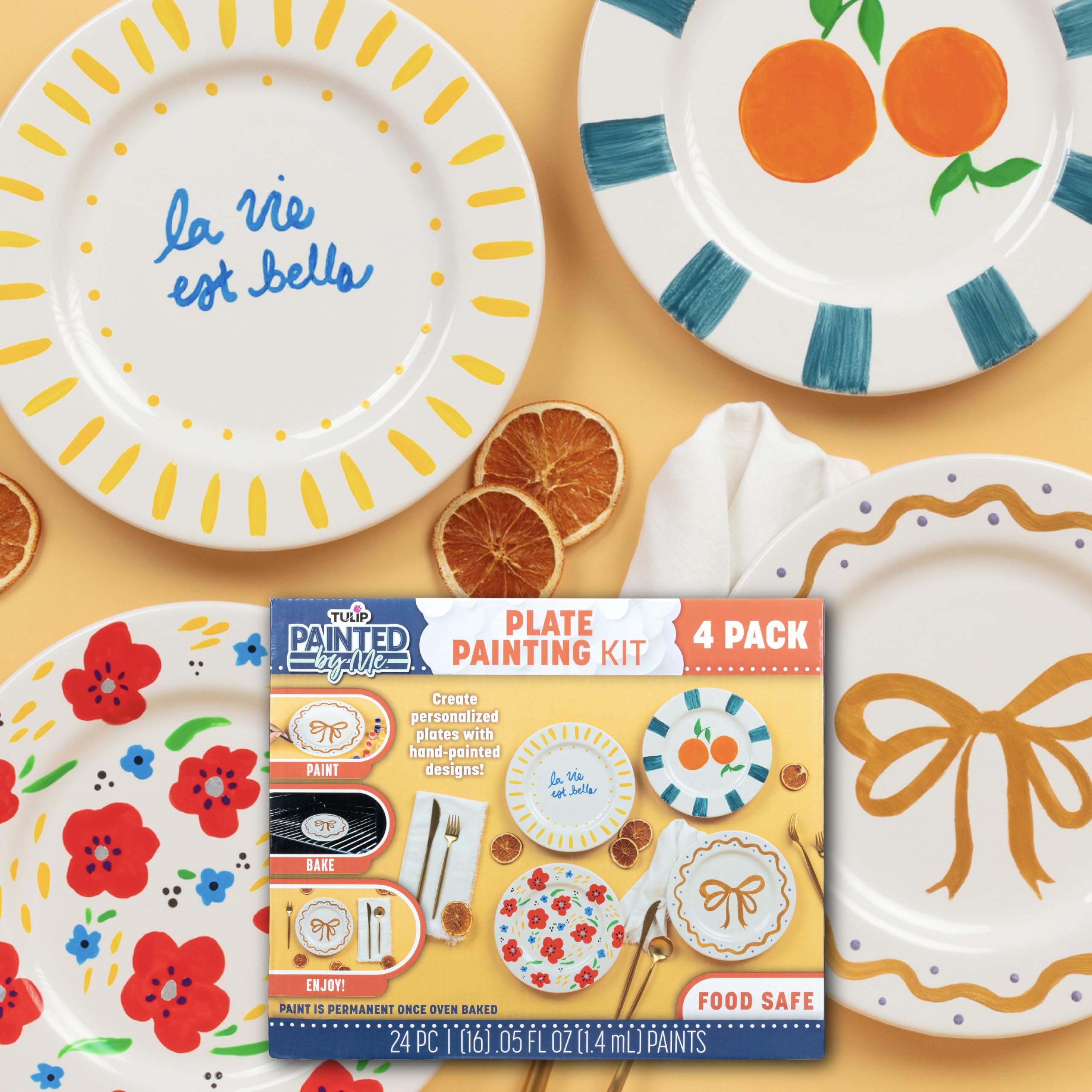 Kit per Pittura in Ceramica Tulip Dipinto da Me – 4 Piatti Dipingibili, 16 Colori Sicuri per Alimenti & 4 Pennelli, Lavabile in Lavastoviglie, Dipingi la Tua Ceramica a Casa