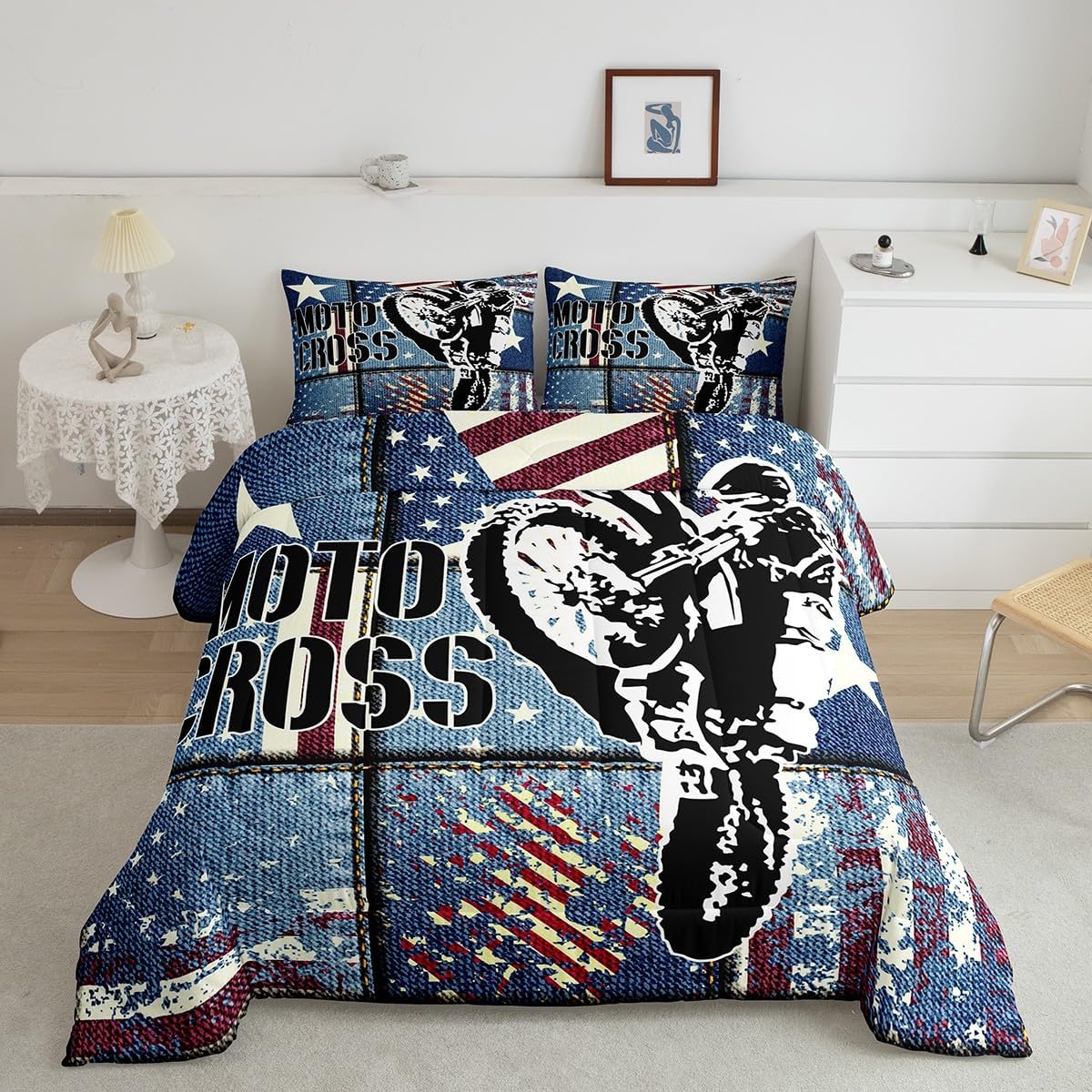 jejeloiu Dirt Bike Comforter Set for Girls Boys Kids Full