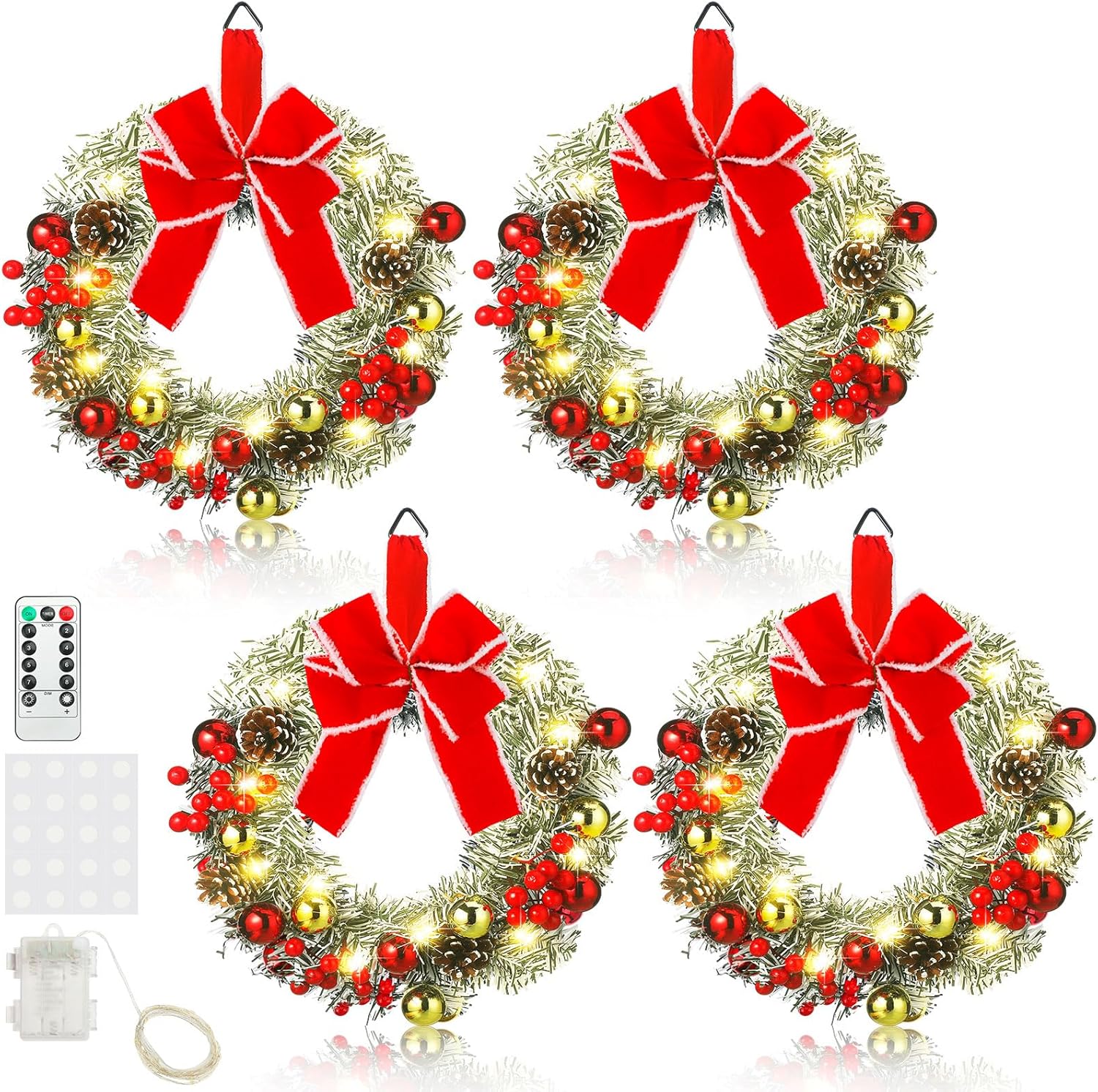 Ceenna 4 Pcs Timer Lighted Christmas Wreaths Artificial