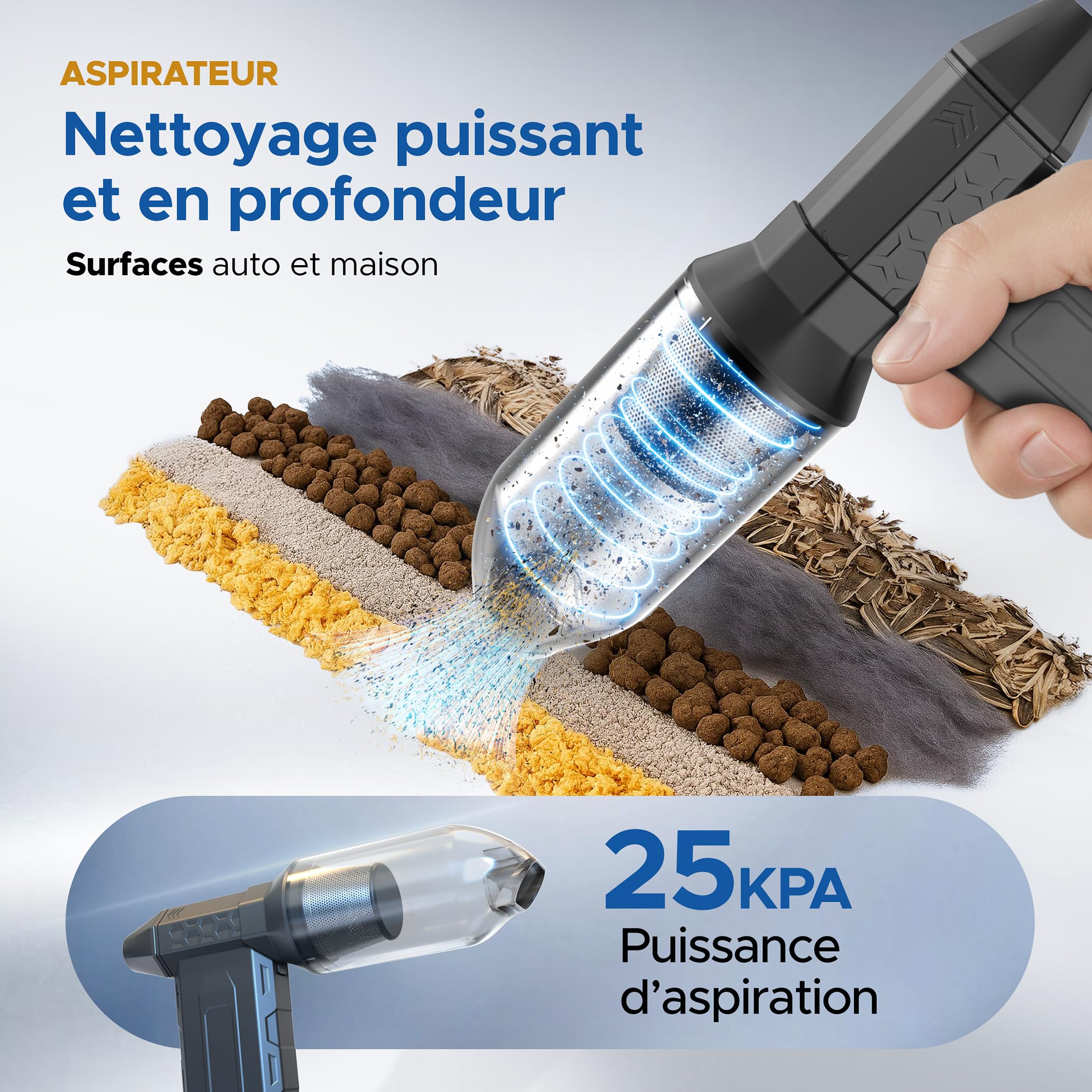 PORTENTUM 3 en 1 Souffleur air comprimé 180 km/h – Aspirateur voiture puissant sans fil 25 kPa – Lampe torche double LED – Set de 25 avec 6 buses et 13 brosses – Autonomie jusqu’à 115 min