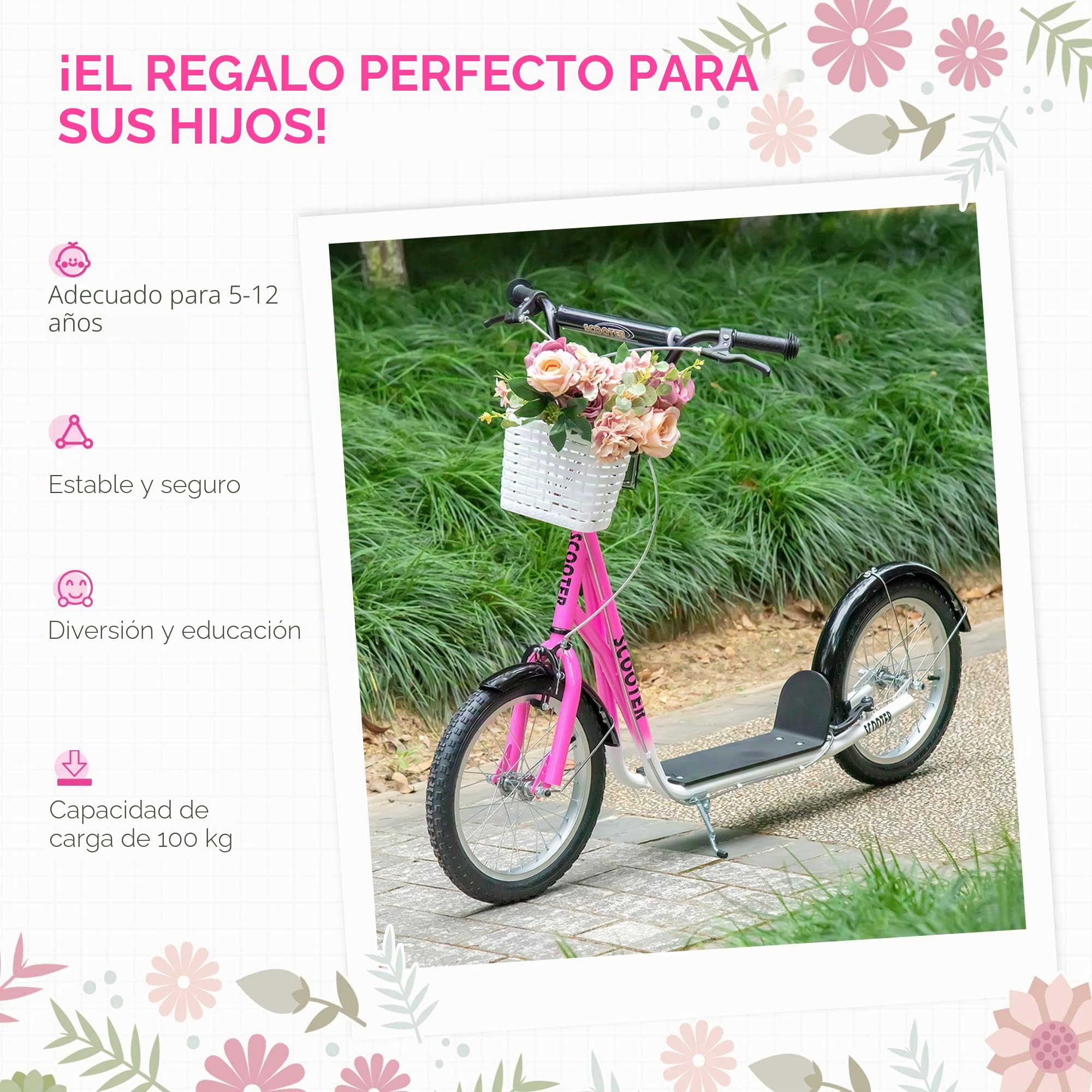 HOMCOM Roller Kinderroller mit Luftreifen Handbremse, 16 Zoll Tretroller Höhenverstellbar Kickscooter für Jungen und Mädchen 5-12 Jahre Kickboard Cityroller Kinder Scooter