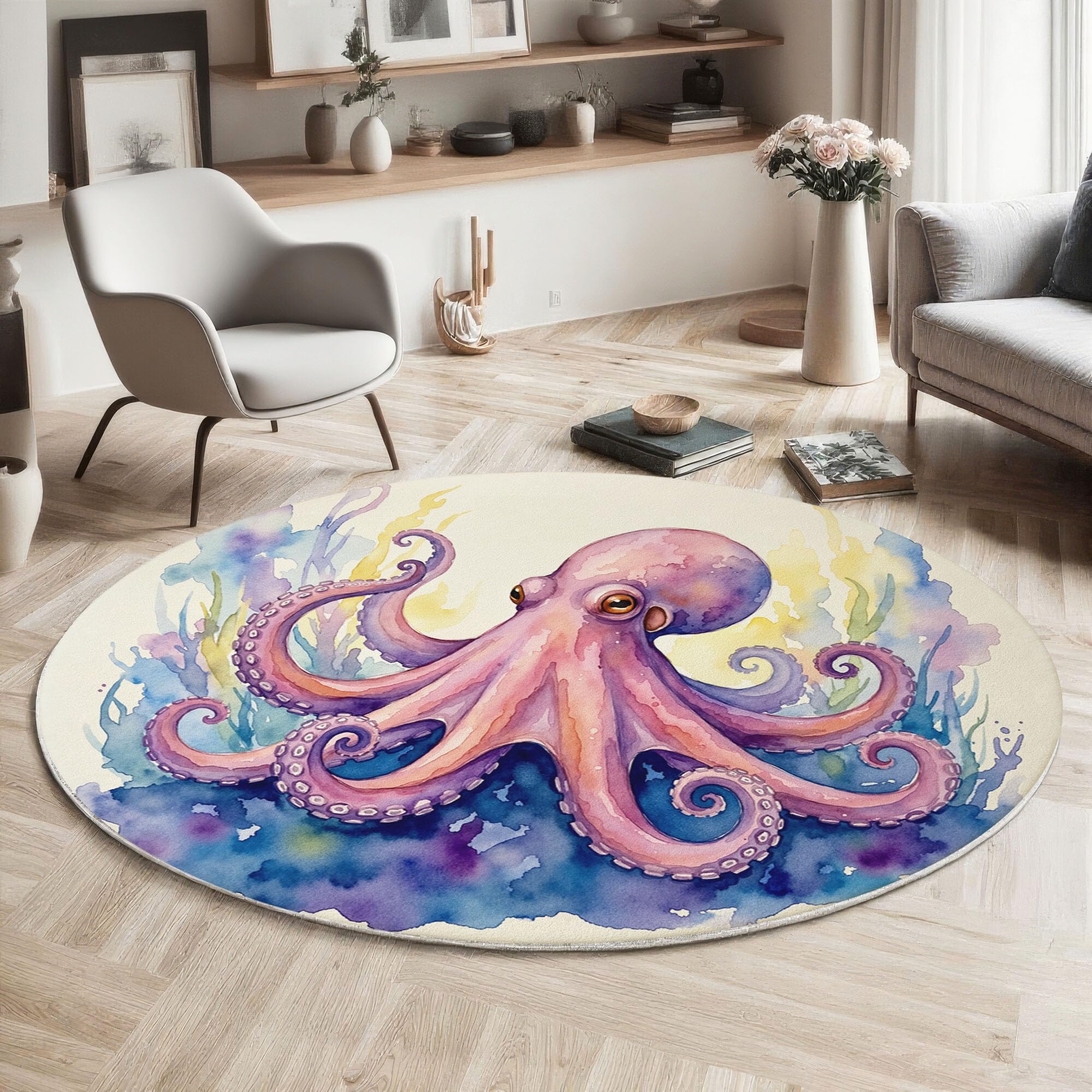 Tapis Rond 160cm Poulpe Algues pour Chambre, Océan Aquarelle Animal Rond Tapis Antidérapant Lavable en Machine Cuisine Salon Adulte Interieur Bureau Cuisine Decoration