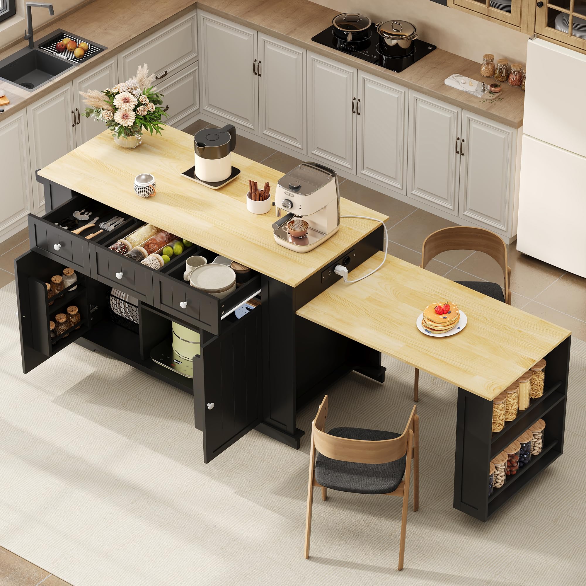 Isola cucina mobile con tavolo da pranzo allungabile, tavolo bar a scomparsa, 7 ruote, ripiani regolabili, 138 (213) x 55 x 93 cm, nero+naturale