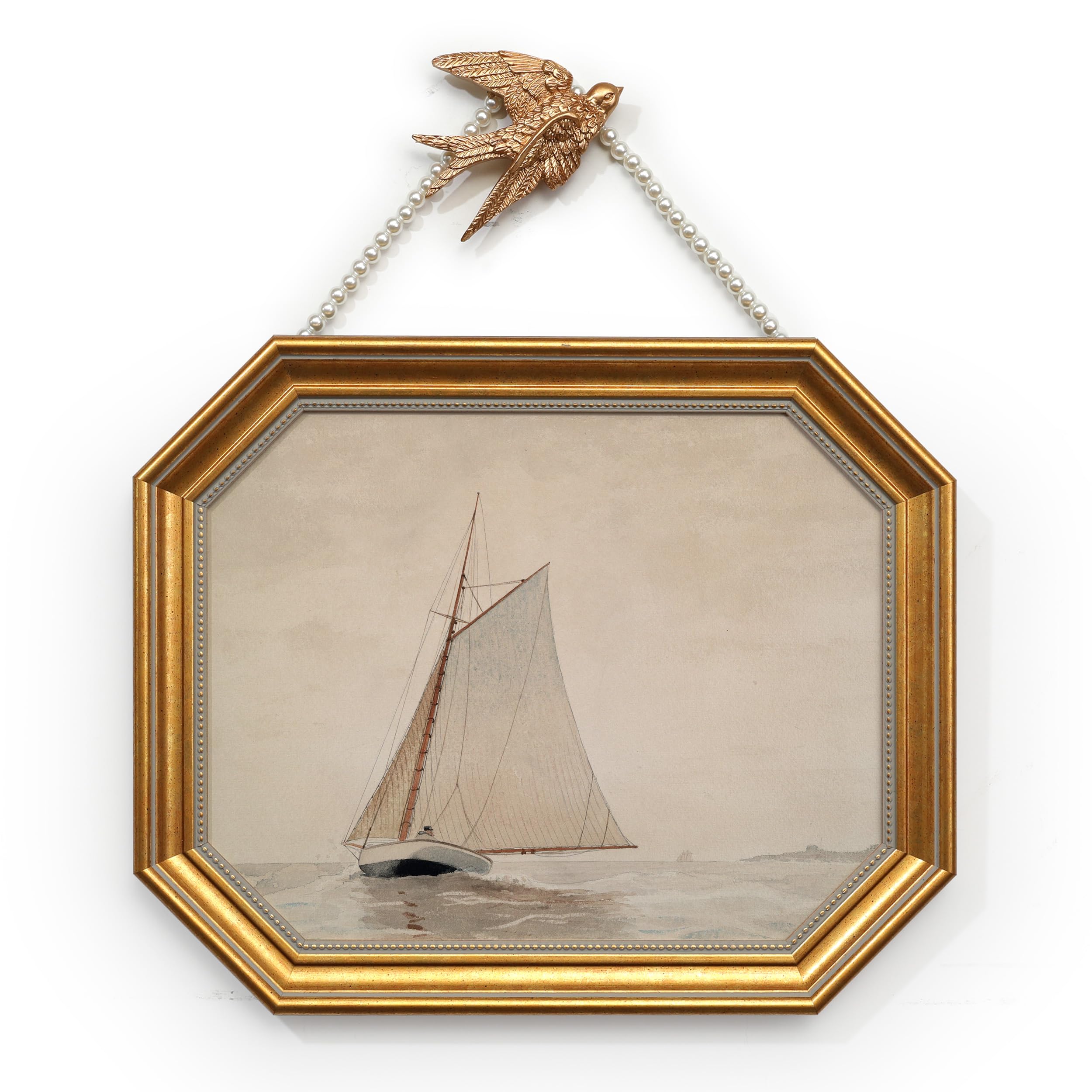 gold framed canvas wall art vintage decor, white sailboat prints, 11"x14" picture frame for living room, bathroom, kitchen