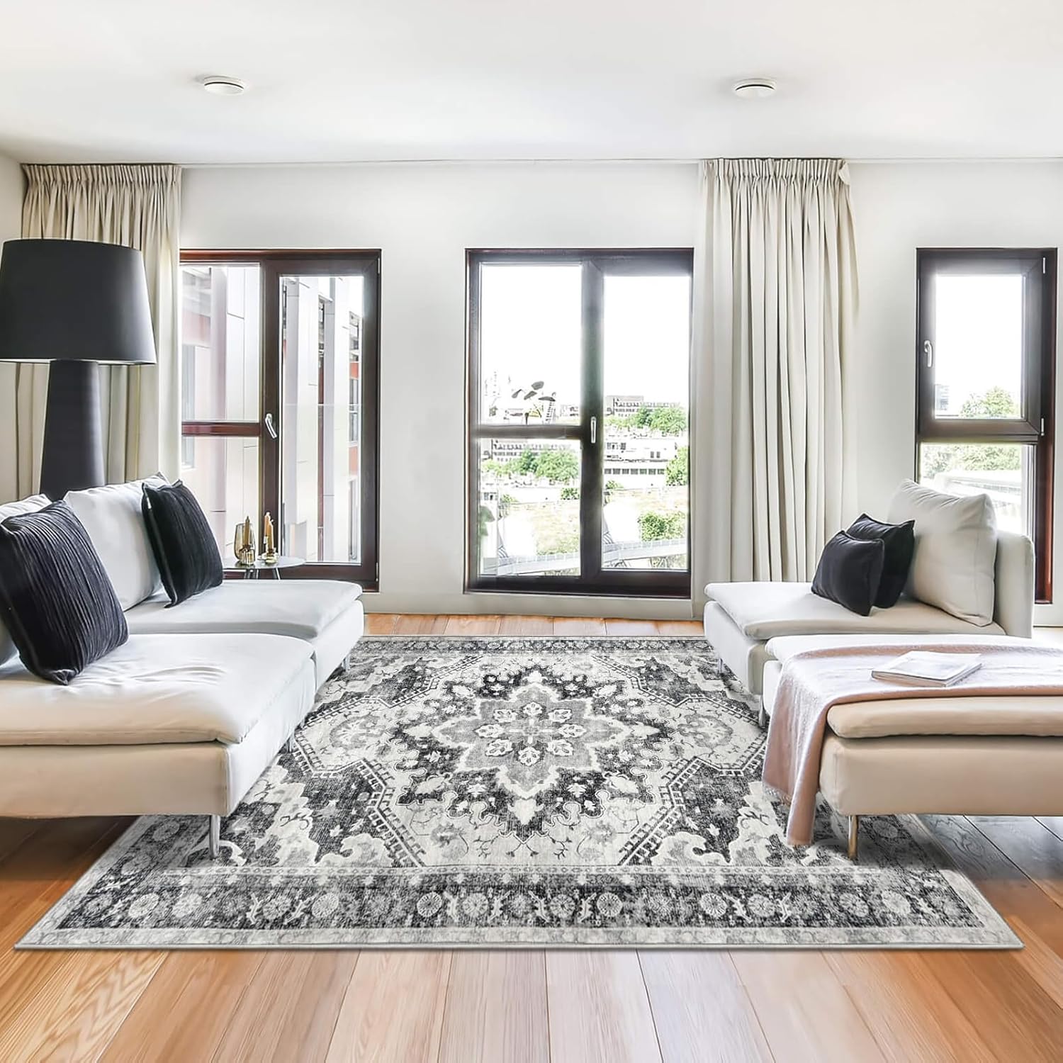 NANPIPER Washable Area Rug, 6x9 Rug with Non-Slip Backing for Living Room, Non-Shedding Distressed Rug, Vintage Medallion Accent Large Rug for Bedroom,Dinning Room(6'x9', Light Grey)