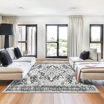 NANPIPER Washable Area Rug, 6x9 Rug with Non-Slip Backing for Living Room, Non-Shedding Distressed Rug, Vintage Medallion Accent Large Rug for Bedroom,Dinning Room6x9, Light Grey