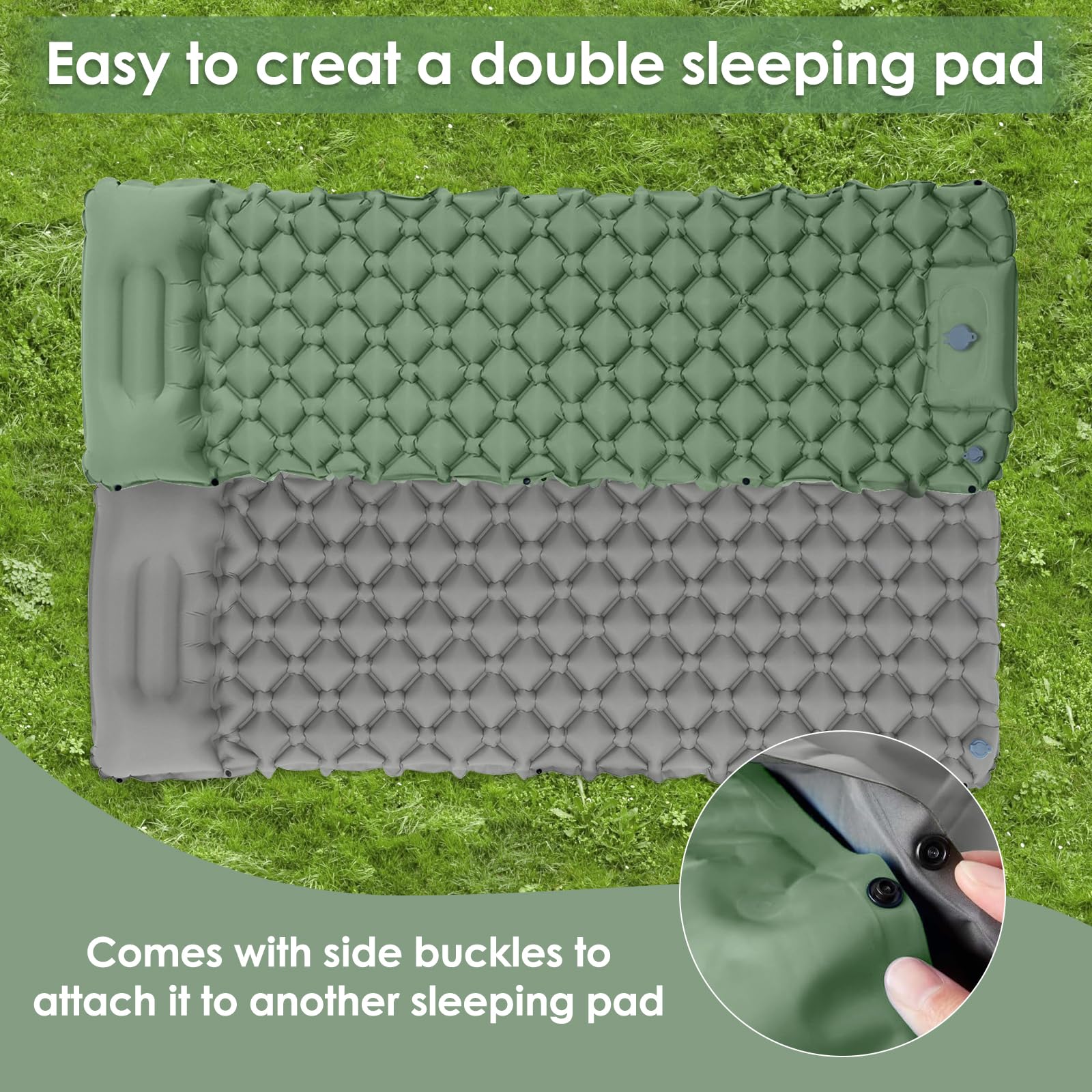 Matelas Gonflable, Matelas de Camping Autogonflant, Matelas Camping Portable, Matelas Pneumatique Ultraléger avec Pompe à Pied et Oreiller, 195cm x 60cm x 5cm, pour Extérie, Voyage (Vert)