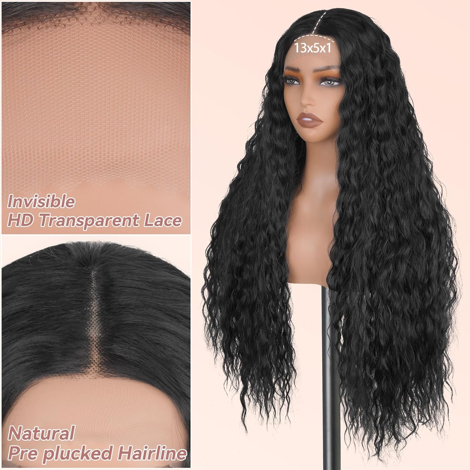 Long Deep Curly Wig Synthetic Lace Front Wigs Glueless 13x5x1 HD Transparent Lace Wig Pre Plucked Natural Hairline Wavy Wigs for Black Women (#1B Natural Black, 28 Inch)