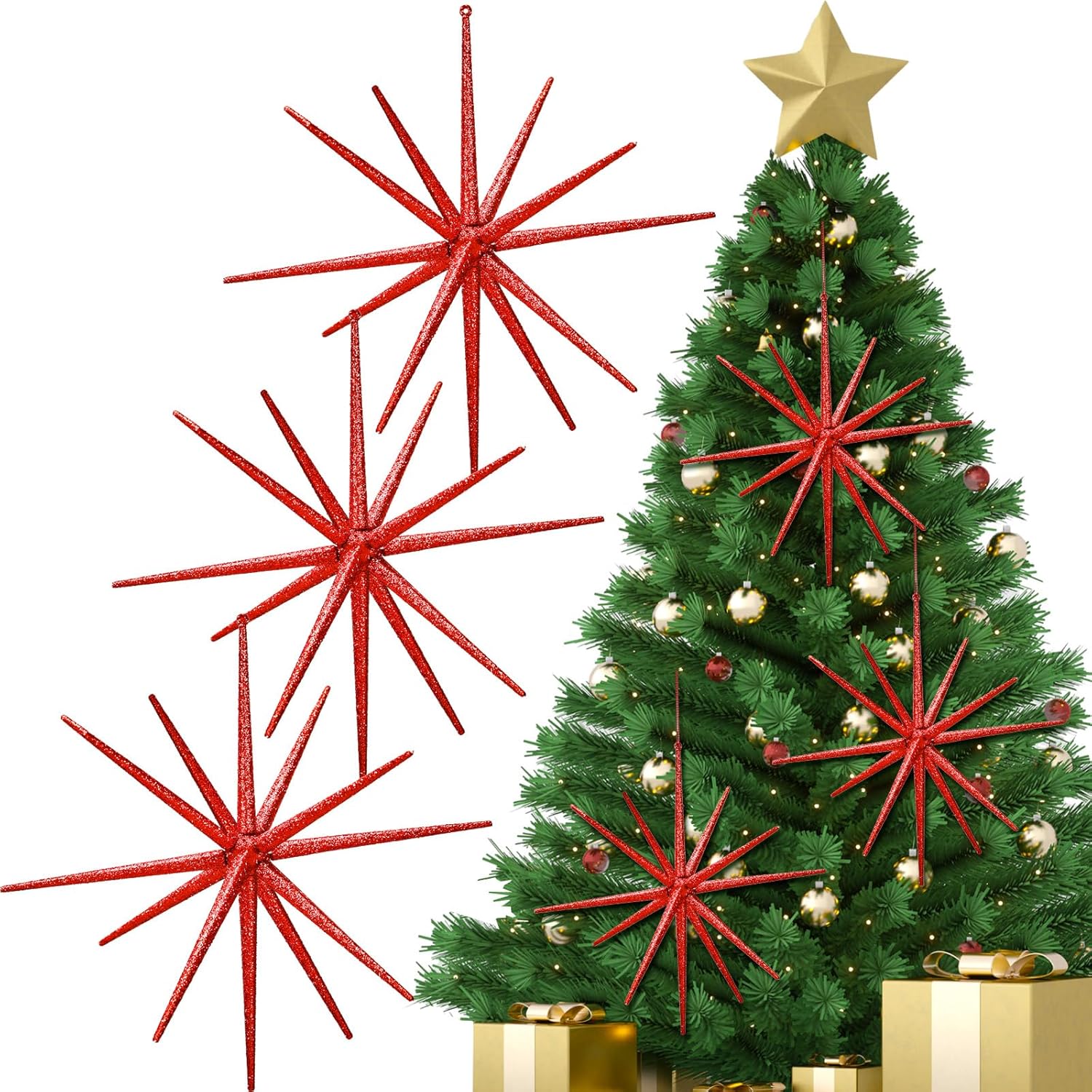 Syhood 6 Pcs Glitter Starburst Star New Year Ornaments 8 Inch Exploding Glitter Starburst Bethlehem Star Hanging Tree Ornaments Tabletop 3D Decor New Year Holiday Party(Red,Classic)