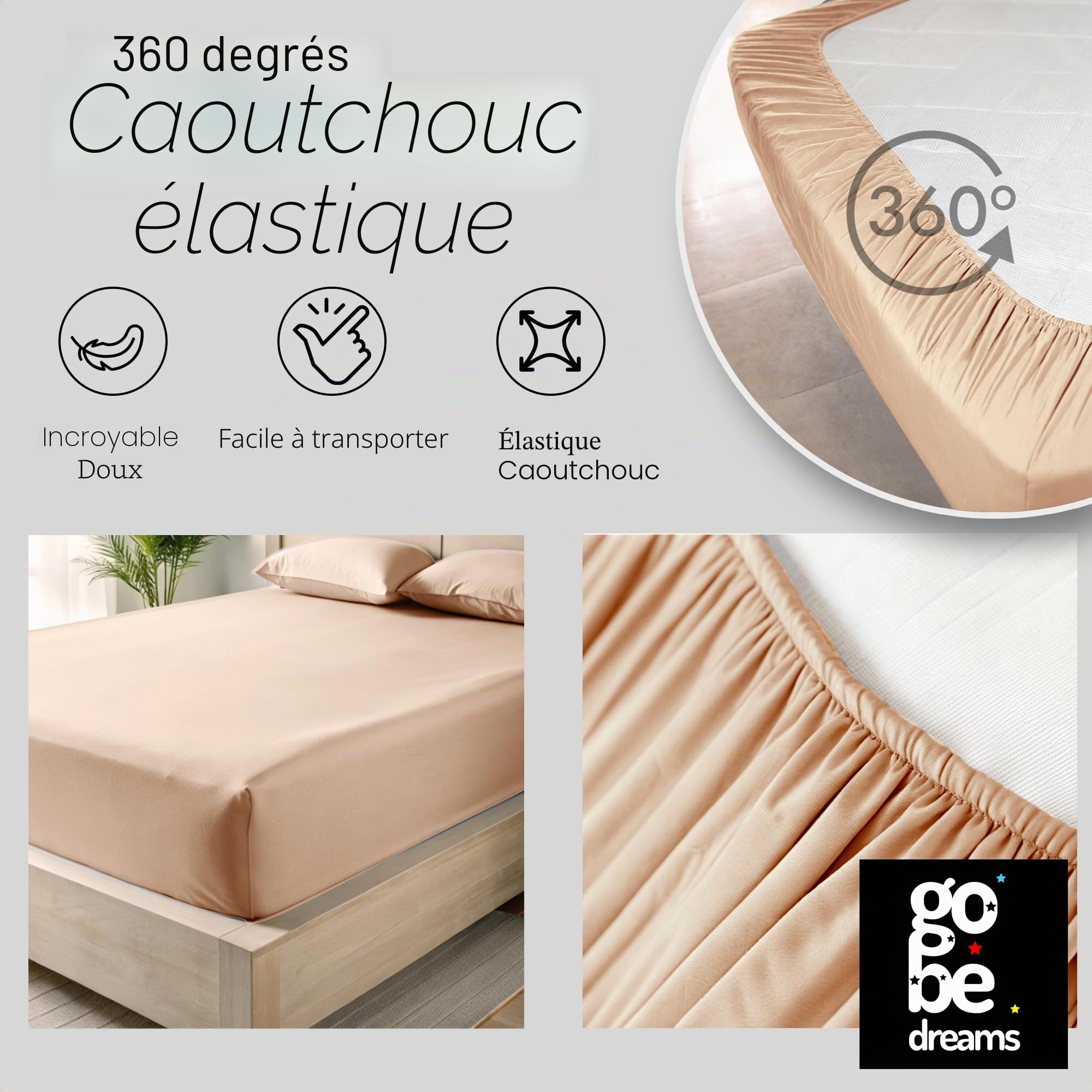 Ensemble de Draps 4 Pièces 180x190/200, draps de lit en Microfibre de Polyester brossée. Drap Plat, Drap-Housse Ajustable et 2 taies d'oreiller. Couleur Beige