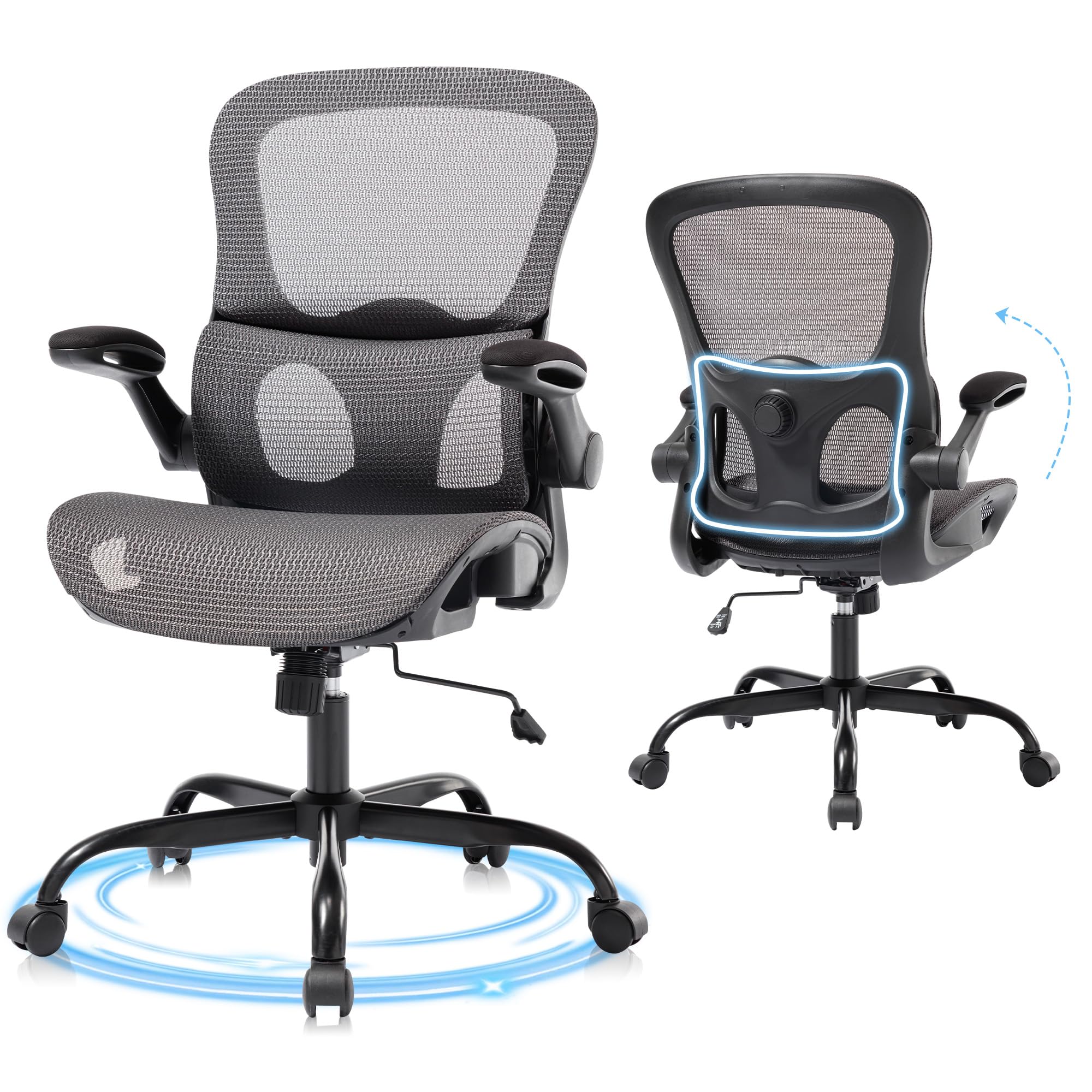 Office Chair, Ergonomic Desk Chair with Adjustable High Back 2D Lumbar Support Flip-up Armrests, Executive Breathable Mesh Comfy Swivel Rolling