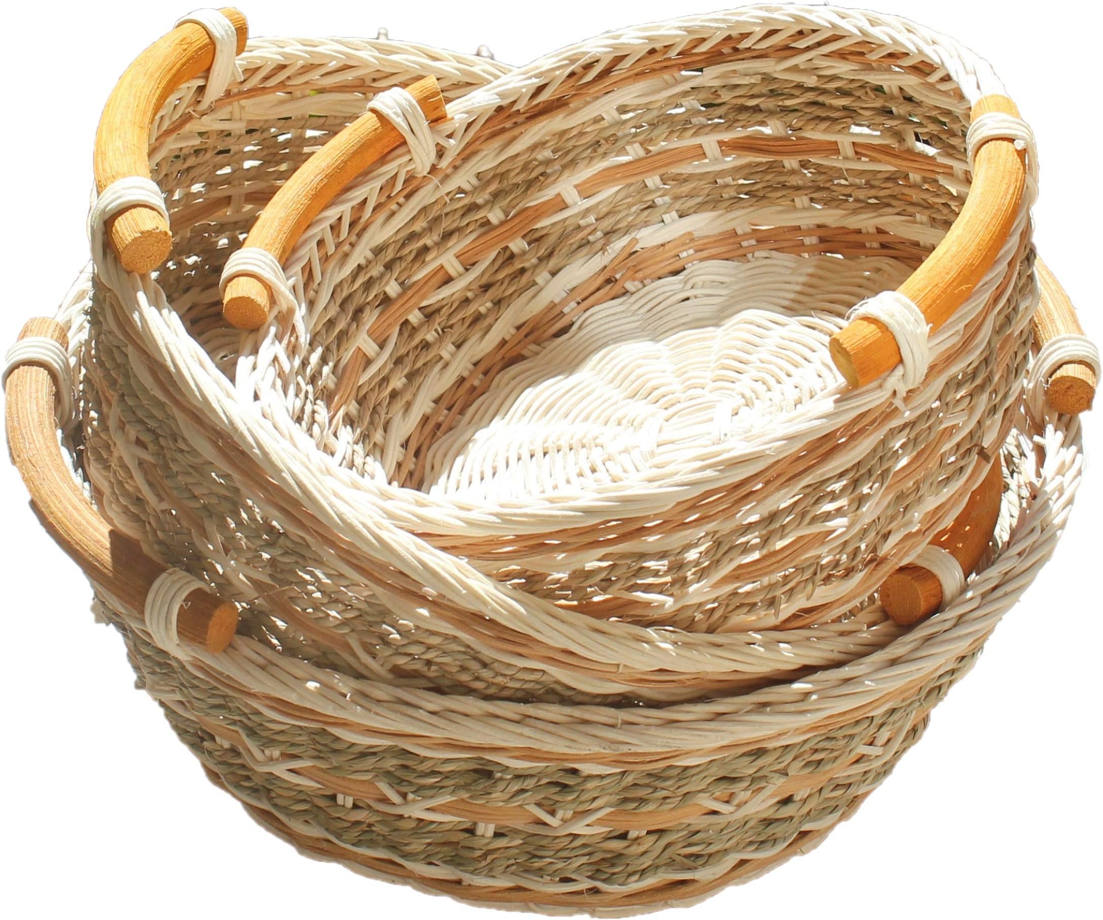 RT450120-3 Handwoven Round Wicker Storage Basket Curve Pole Handle in Gray and Brown (Set of 3)