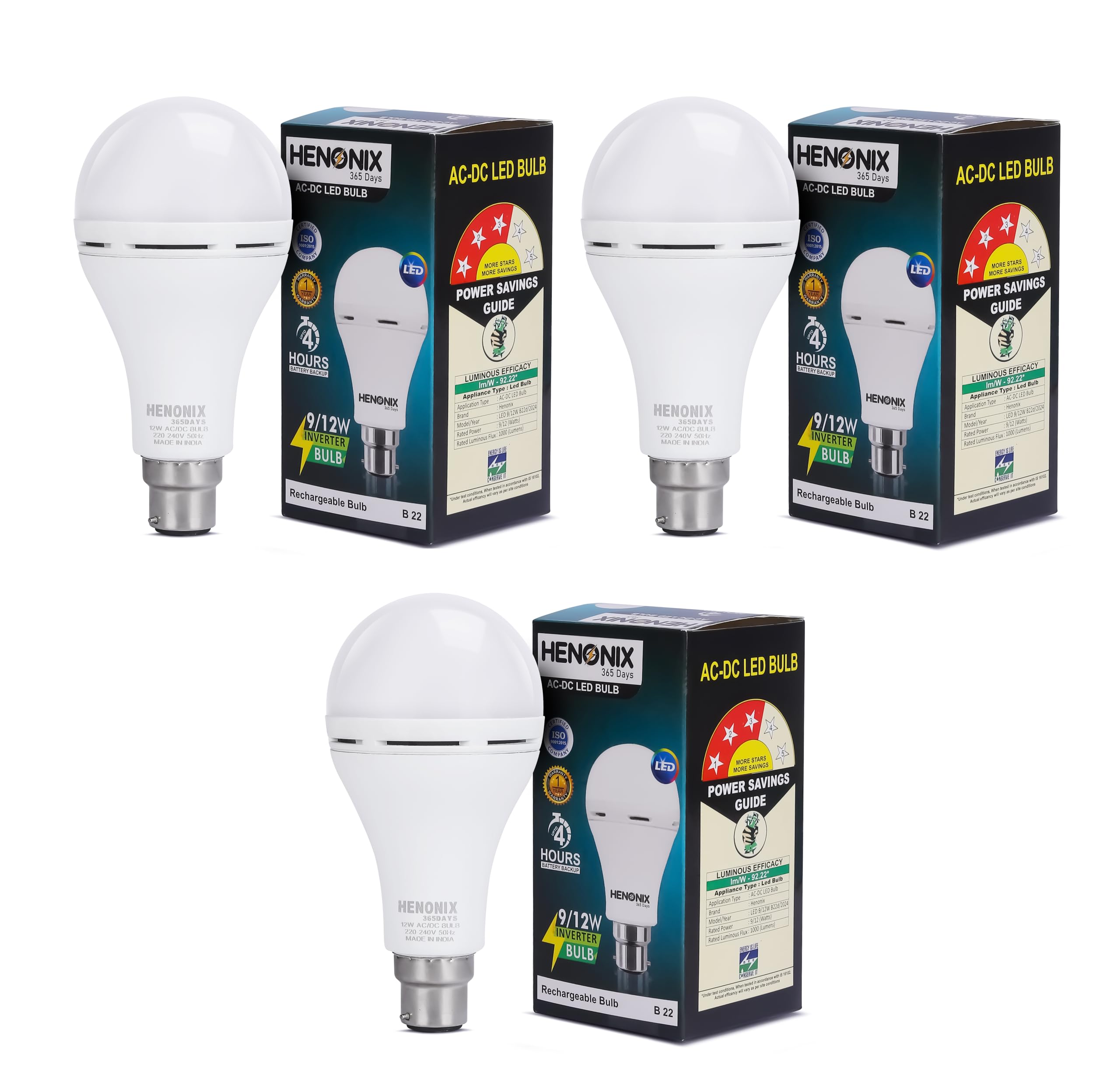 HENONIX 365 DAYS Electric Emergency Led Bulb 12W,Rechargeable Inverter Led Bulb, 6500K, Cool White, B22D, Pack Of 3-image-39