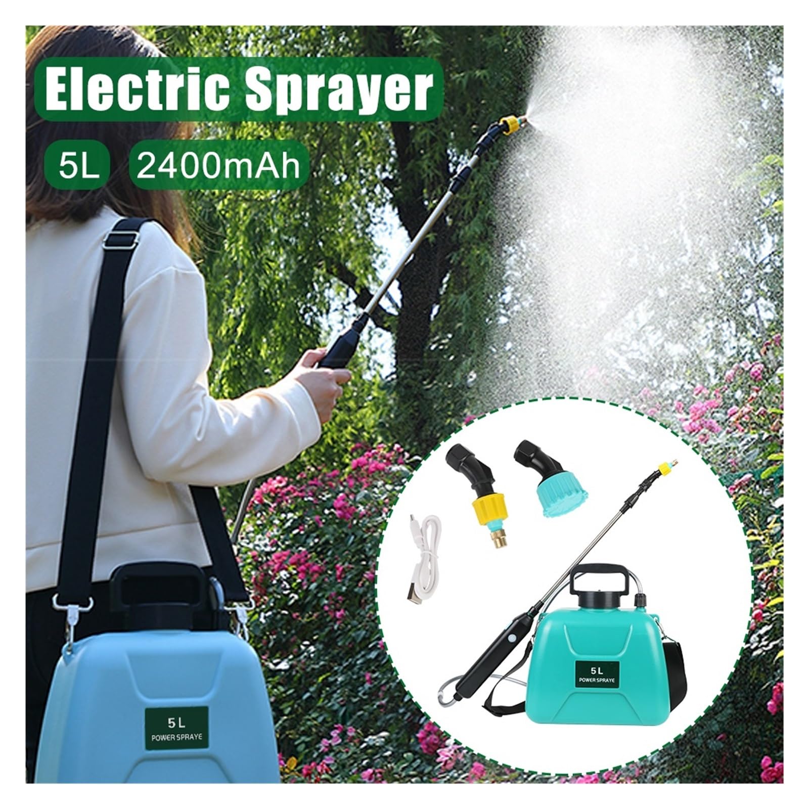 Spruzzatore elettrico, Annaffiatoio for bottiglie da 5 litri, spruzzatore elettrico automatico ricaricabile tramite USB con pistola a spruzzo, attrezzatura for piante giardino(5L Electric Blue)