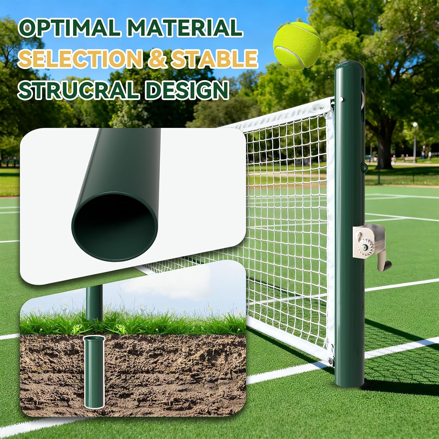 Round Tennis Posts(No Net),Professional Tennis Poles with Ground Sleeves Embedment,Tennis Permanent Court Kit for Indoor Gymnasium Outdoor Sports Field