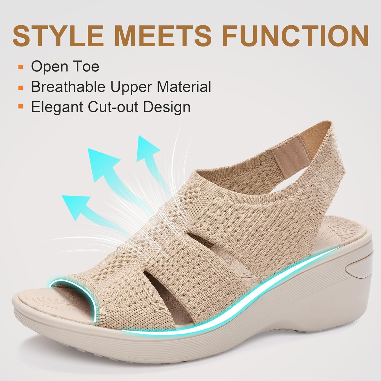 Women's Sparkly Platform Wedge Sandals Dressy Arch Support Walking Sandals with Memory Foam Comfortable Knit Mesh Peep Toe Slingback for Party Casual Summer Daily
