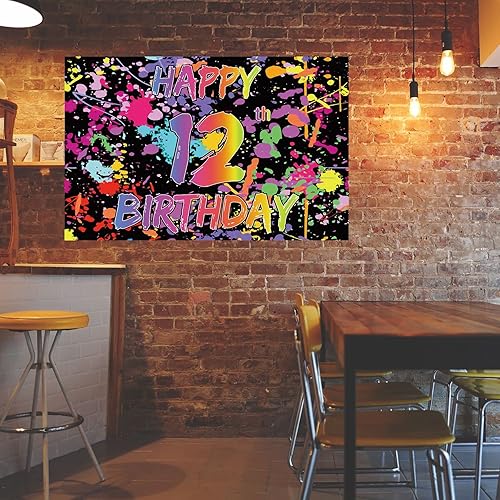 Miniatura 5 de Decoración de feliz cumpleaños número 12 que brilla en la oscuridad para niñas y niños, graffiti oficial con salpicaduras de pintura para