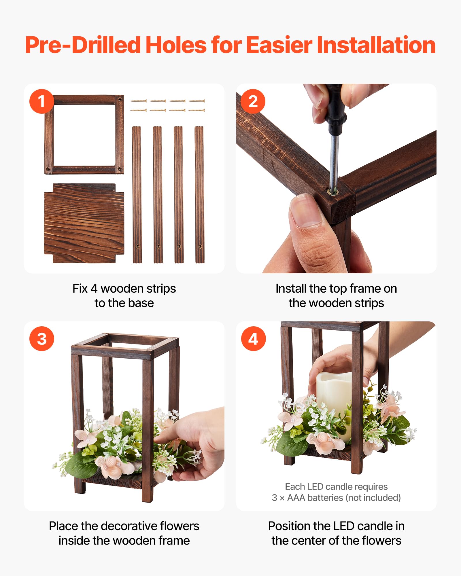 VEVOR 10er-Set Holzlaternen für Hochzeiten, inkl. 10 Holzlaternen-Kerzenhaltern, 10 flammenlosen LED-Kerzen, 10 Champagner-Blumenkränzen für Hochzeitstisch, Party, Bauernhaus-Dekoration, Braun
