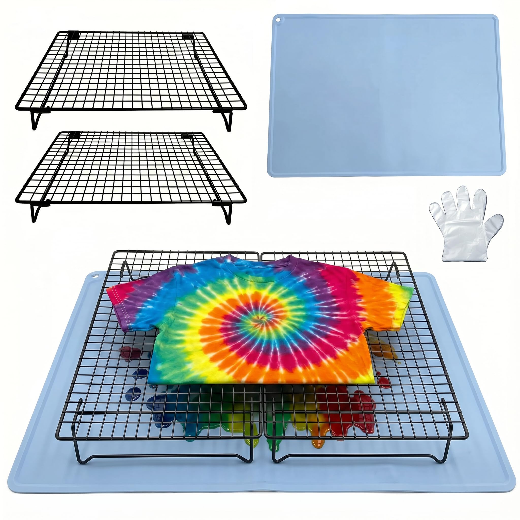 Tie Dye Kit with 2 Adjustable Folding Racks, Non-Slip Silicone Pad & 100 Disposable Gloves | DIY Tie-Dye Supplies for Shirts, Scarves, Bags | Easy Clean, Portable Craft Tool — image 1