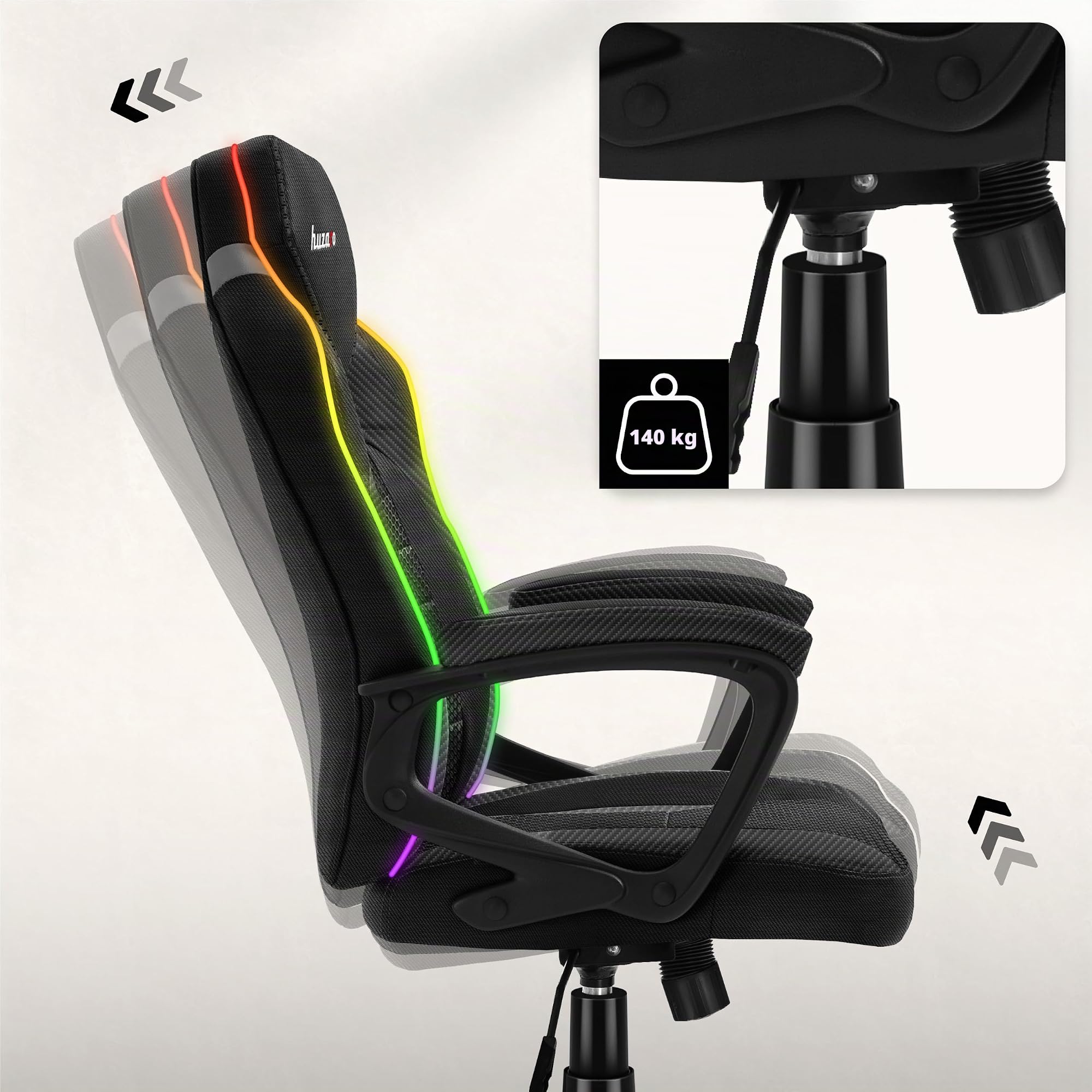 huzaro Force 2.5 Gaming Stuhl mit LED - ergonomischer Gaming Stuhl | RGB Beleuchtung mit Fernbedienung - Schreibtischstuhl Gaming mit Wippfunktion - SoftFlex - bis 130 kg - Schwarz Carbon