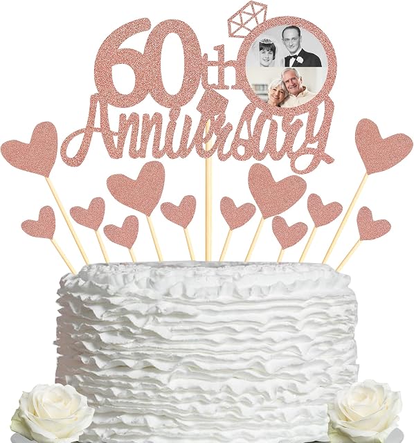 Sumerk 60th Anniversary Cake Topper,13pcs Rose Gold Glitter Cake Toppers Decorations for 60th Wedding Anniversary Celebration Party