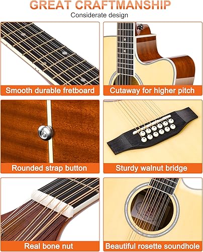 Miniatura 6 de Vangoa Guitarra acústica de 12 cuerdas, guitarra de tamaño completo de 42 pulgadas, 12 cuerdas, parte superior de abeto, cuerpo de sapele para