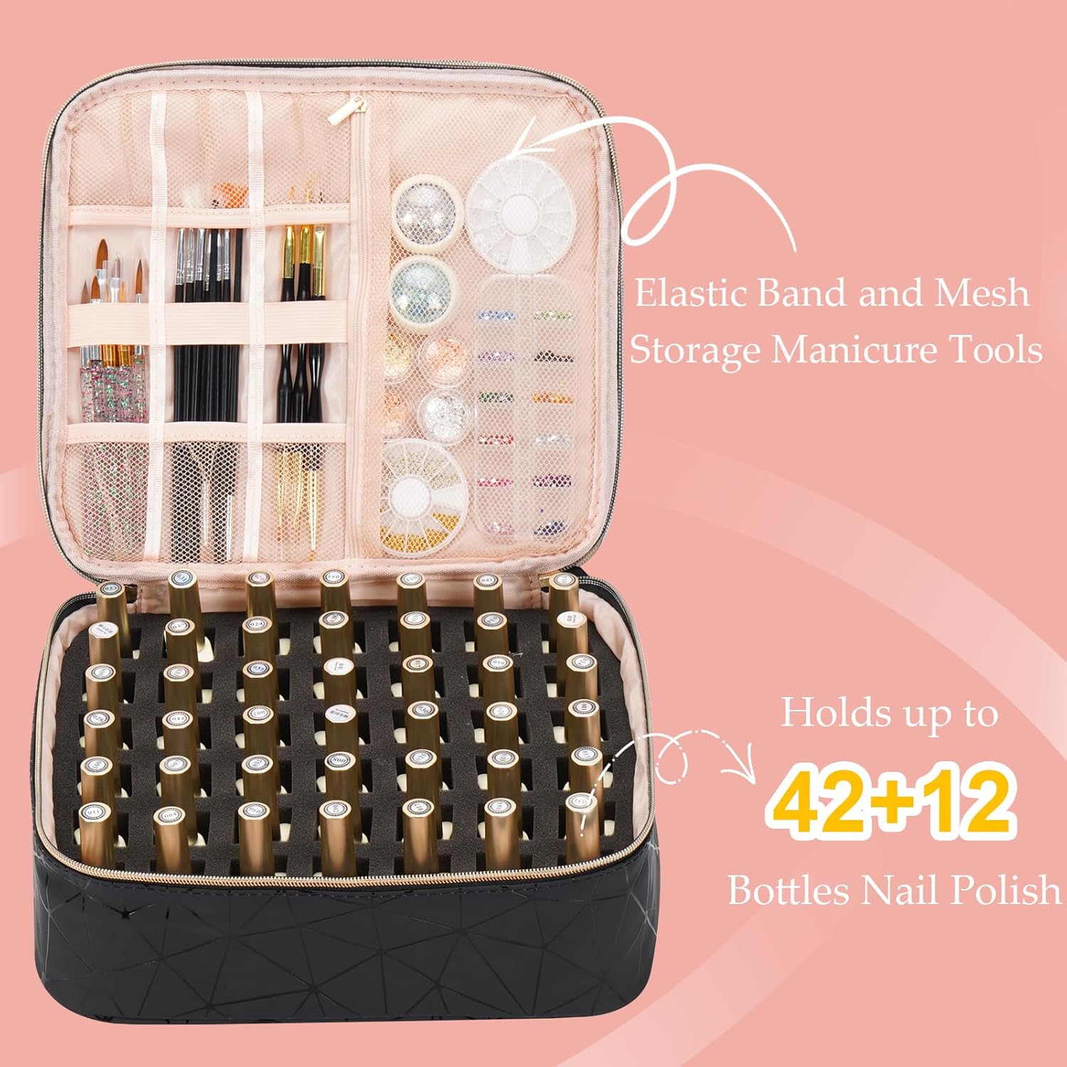 Uross Nail Polish Organizer Bag Holds 54 Bottles Nail Polish & Nail Lamp, Gel Nail Polish Organizers and Storage box for Nail Tech, Nail Kit Supplies Organizer Case-Black
