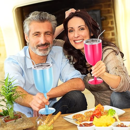 Miniatura 7 de Juego de 6 copas de vino de acero inoxidable de doble pared con aislamiento al vacío copa de vino multicolor con tallo de pajilla copa irrompible