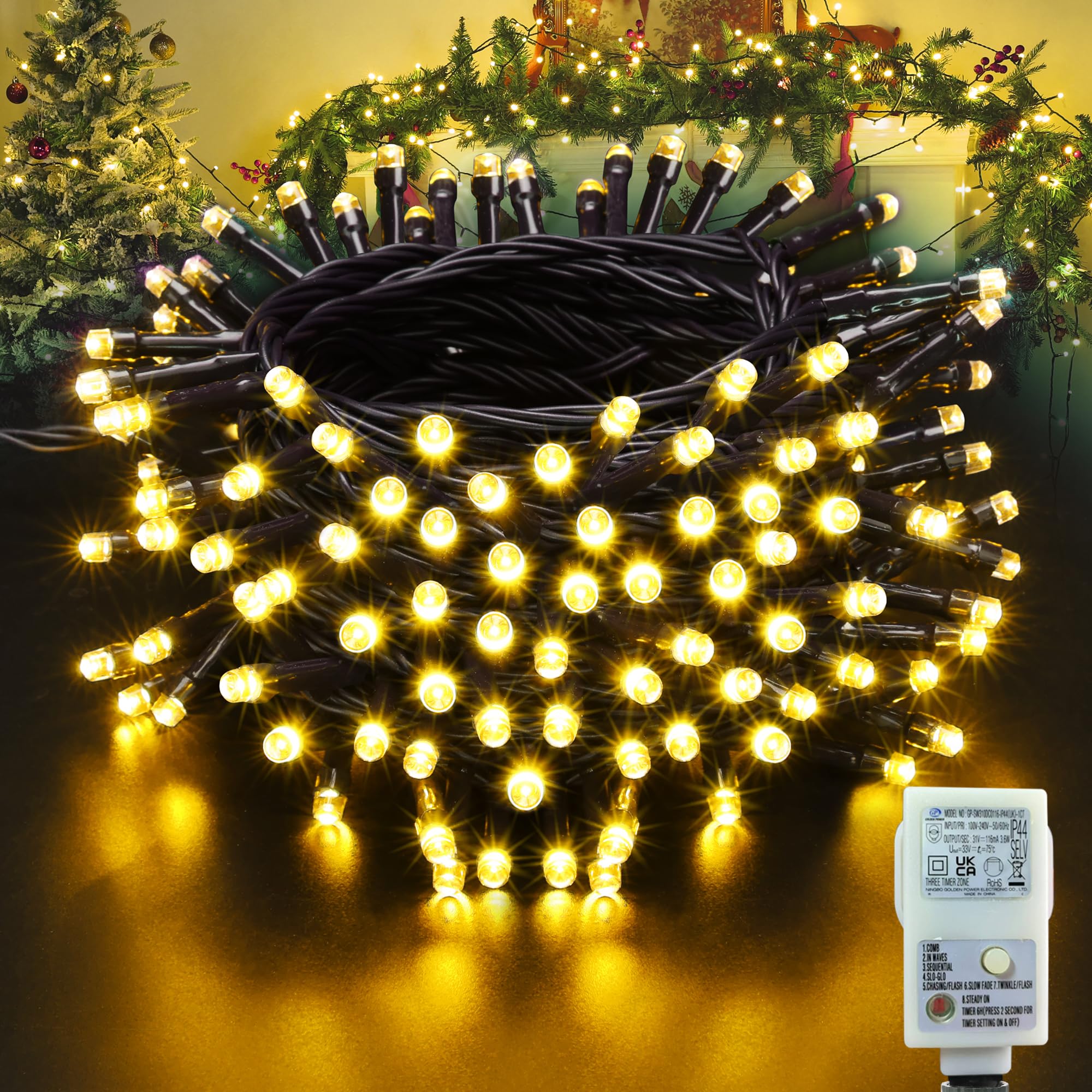 Christmas Tree Lights Warm White - 10M 100 LED Outdoor Christmas Lights Waterproof, Timer, 8 Modes Expandable Fairy String Lights Mains Powered for Outdoor Indoor Xmas Tree Decorations [Energy Class G]