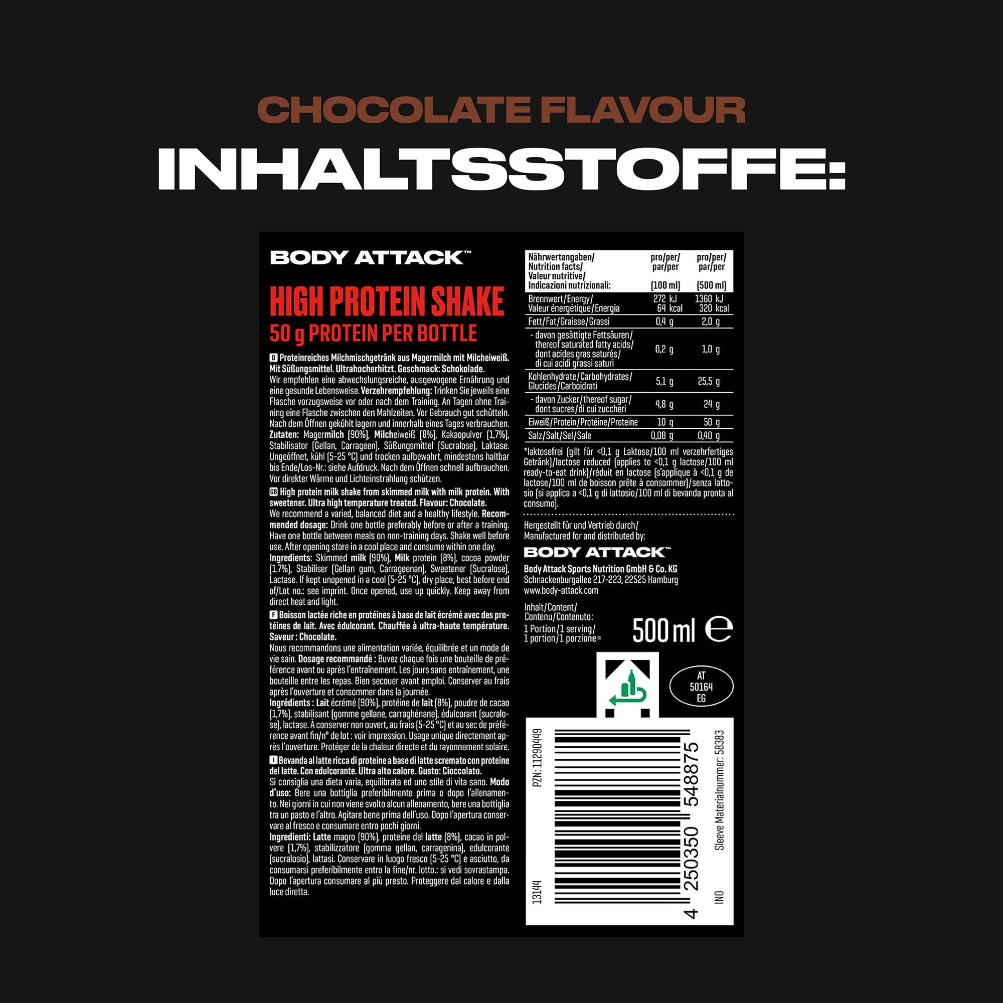 Body Attack High Protein Shake Schokolade 12 x 500 ml | 50 g Protein je Portion, kalorienarmer Protein-Shake für Muskelaufbau, Fertiggetränk