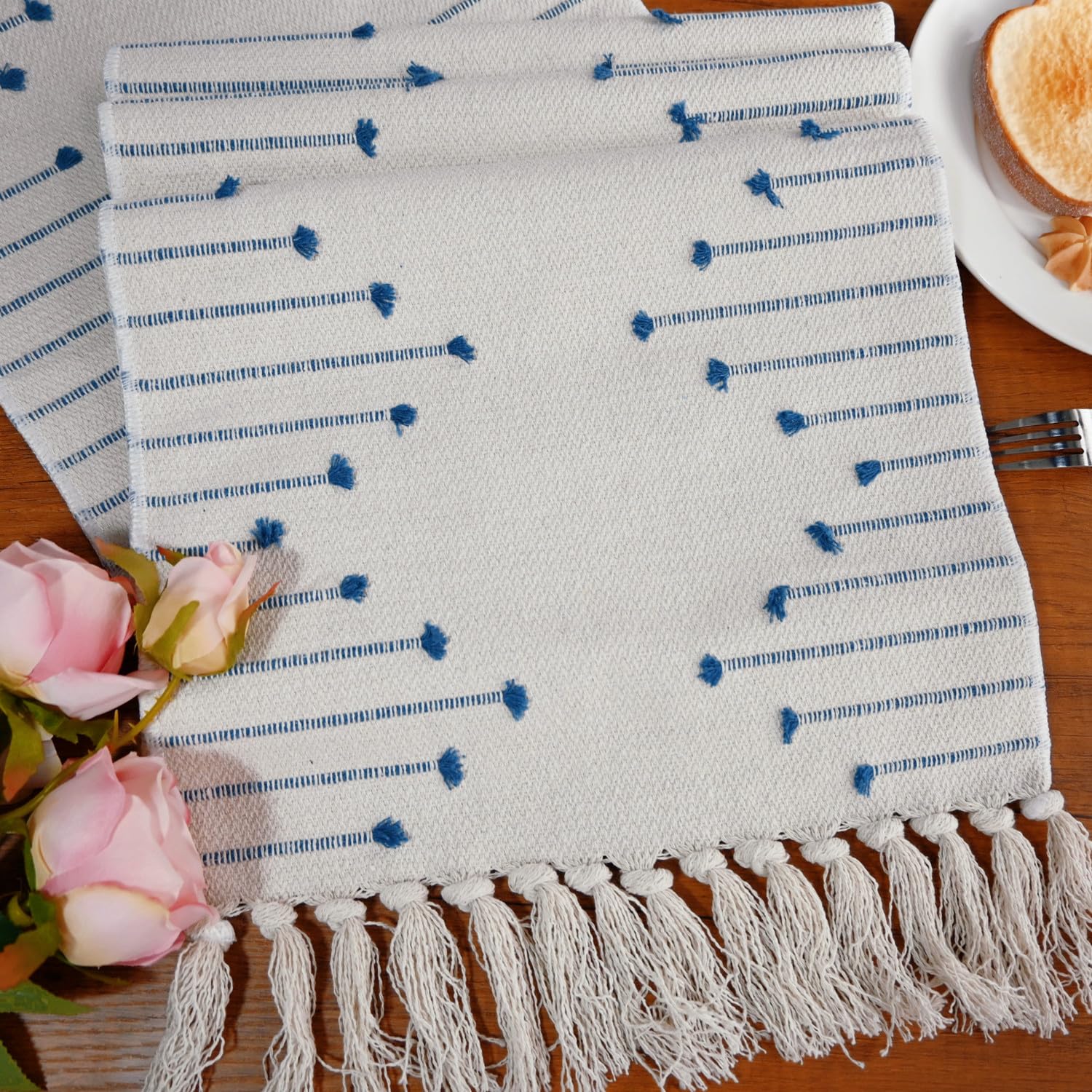 Boho Table Runner with Tassel for Kitchen Dining 90 Inch Long Rustic Cotton Woven Table Runner for Farmhouse Modern Home Decor Coffee Tablel, 1 Piece