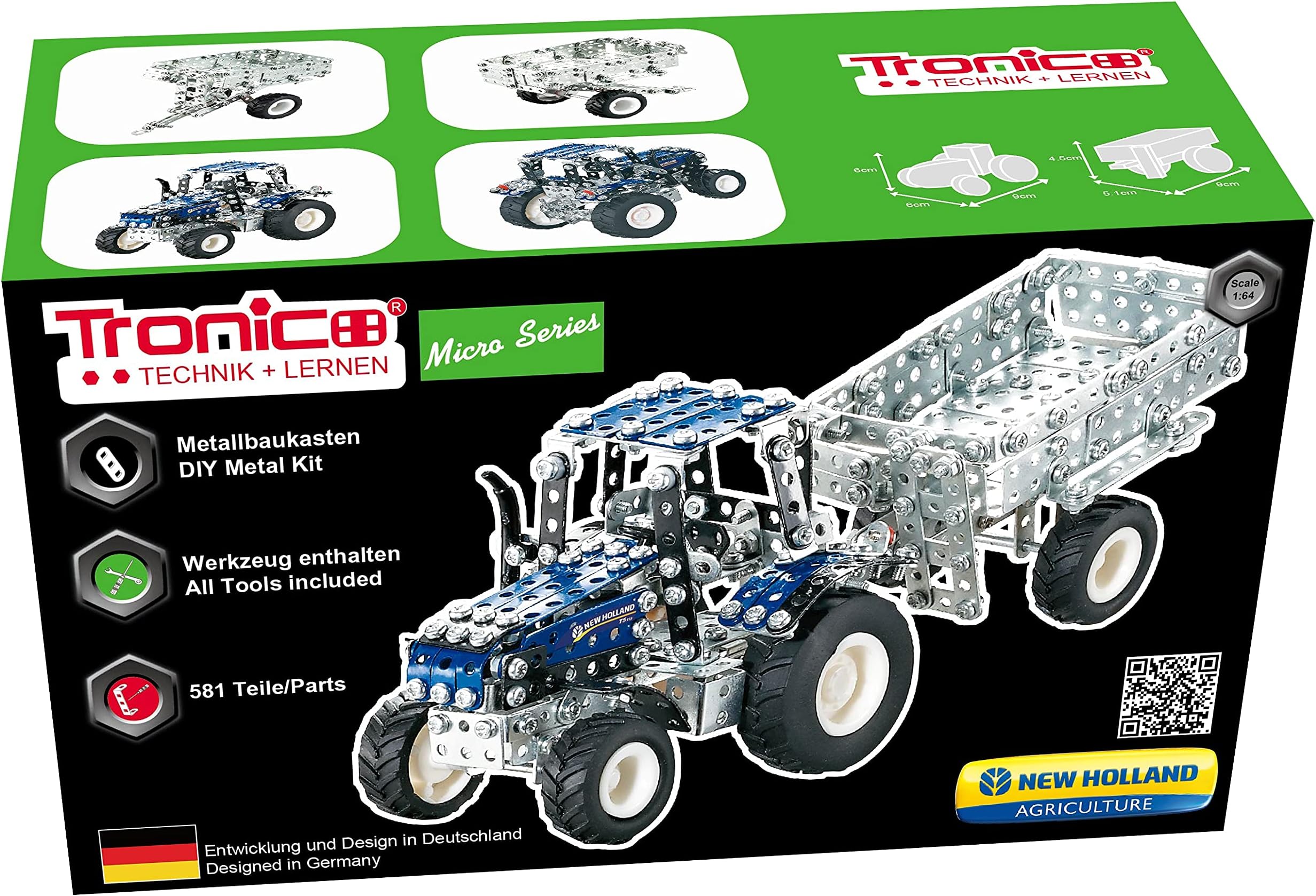 Metal Construction Model Kit RC Forklifter 464 parts LED lights scale 1:64 real function and tools + picture instructions mechanical building set education learning age 12+ male adult STEM Tronico