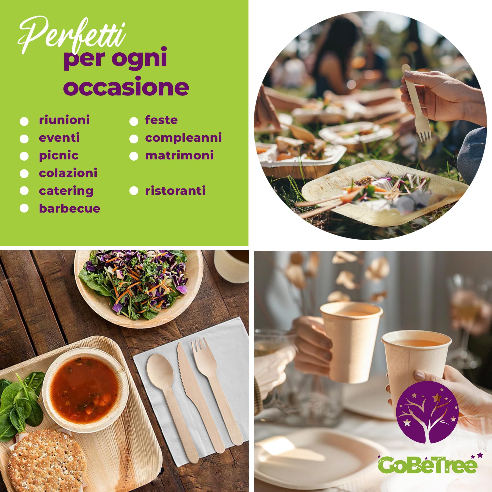 GoBeTree Stoviglie Monouso Foglia di Palma 180 Pezzi per 25 Persone. Set Completo Piatti, Bicchieri, Posate e Tovaglioli per Compleanno, Catering e Buffet — Look Simile al Bambù
