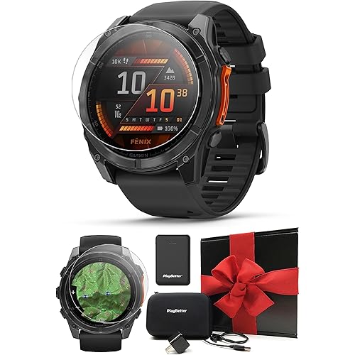 Garmin Fenix 8 AMOLED (51mm, Slate Gray/Black) Multisport GPS Smartwatch Gift Box Bundle - 1.4" Touchscreen, Built-in LED Flashlight with PlayBetter Charger, Screens, Adapter, Case
