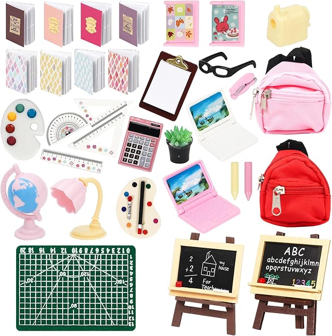 SOTOGO 34 Pieces Doll House School Supplies Mini School Accessories Dollhouse Toy Home Miniature Model DIY Doll Accessories