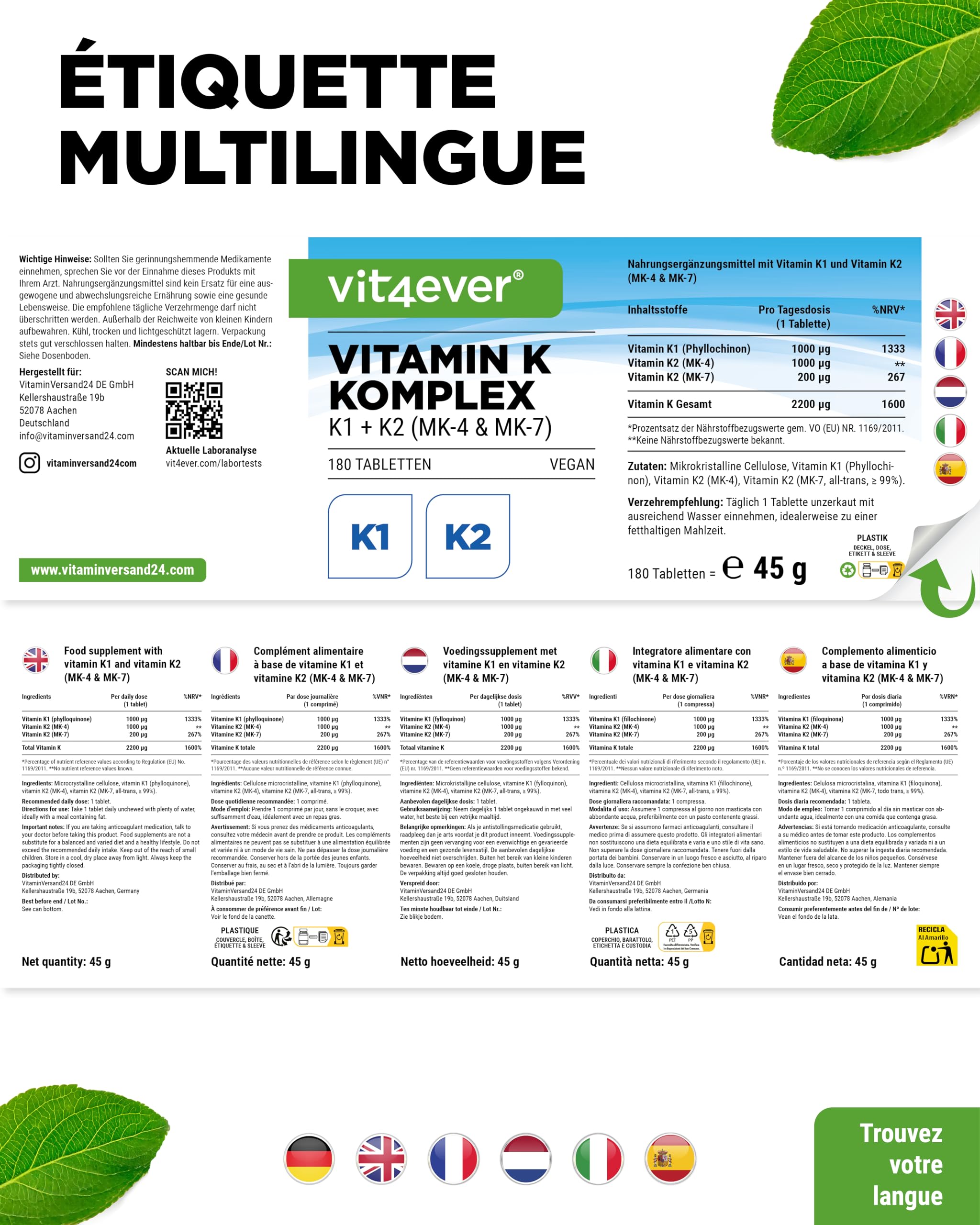 Complexe Vitamine K - 180 Comprimés - Hautement Dosé avec 1 000 µg de Vitamine K1 + K2 Ménaquinone (1 000 µg MK4 + 200 µg MK7) - Sans additifs inutiles, Vegan