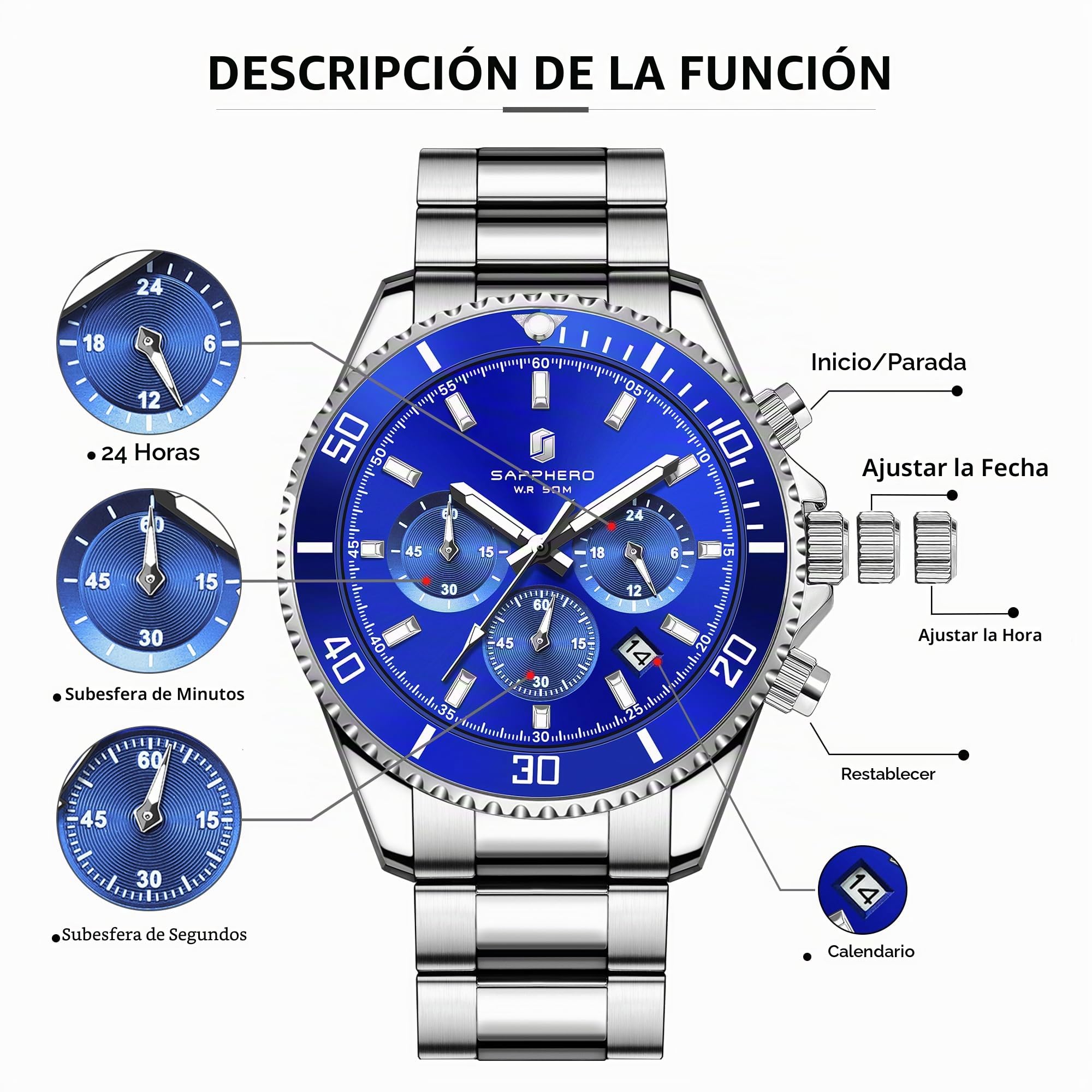 SAPPHERO Reloj Hombre Cronografo Analógico Movimiento de Cuarzo 50M Impermeable Relojes para Hombre Banda de Acero Inoxidable Clásico Casual Diseñador Relojes Elegante Regalo para Hombre