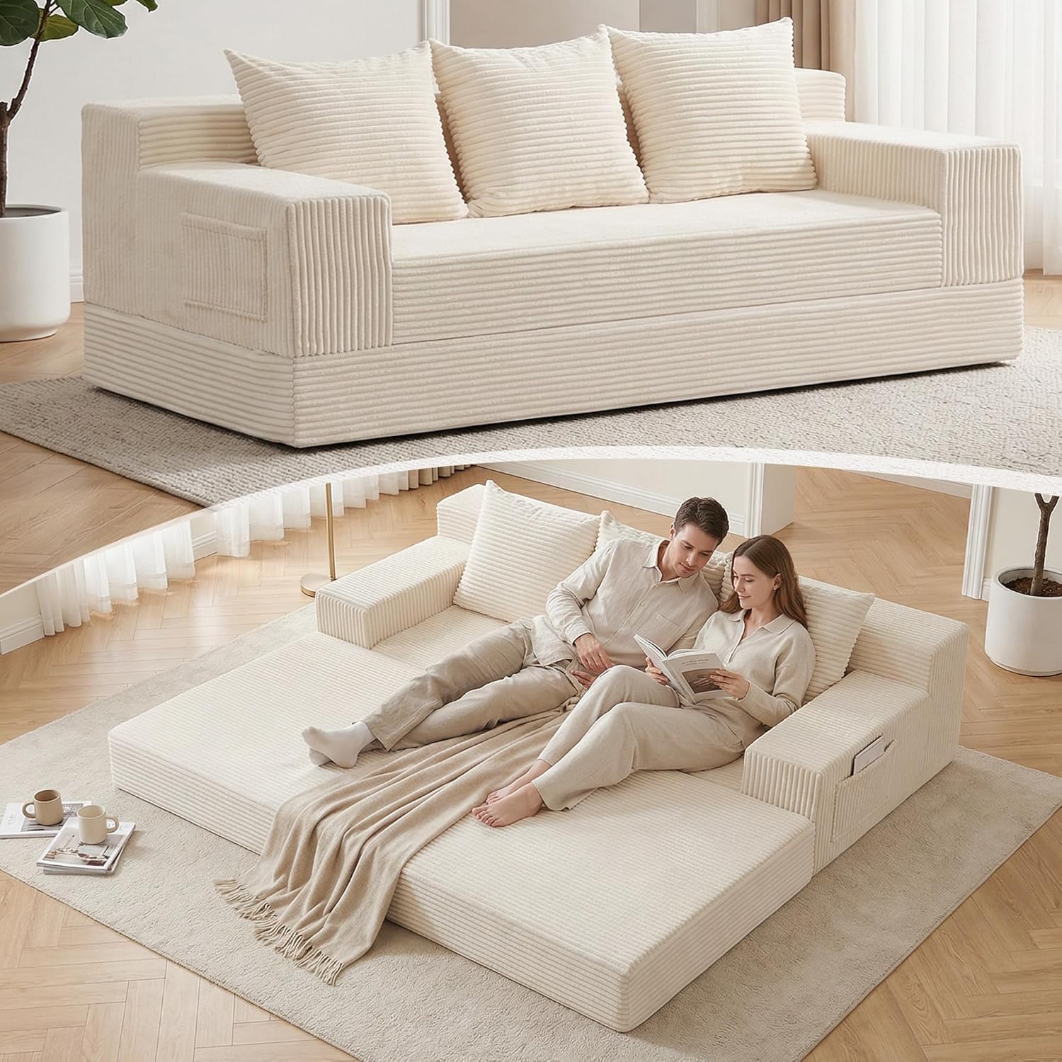 78.5” Convertible Sofa Bed,Corduroy 3 Seater Boneless Couch Bed Futon,Fold Out Couch with 3 Pillows,Loveseat Sleeper with Pull Out Bed for Living Room, Guest,Bedroom,Beige