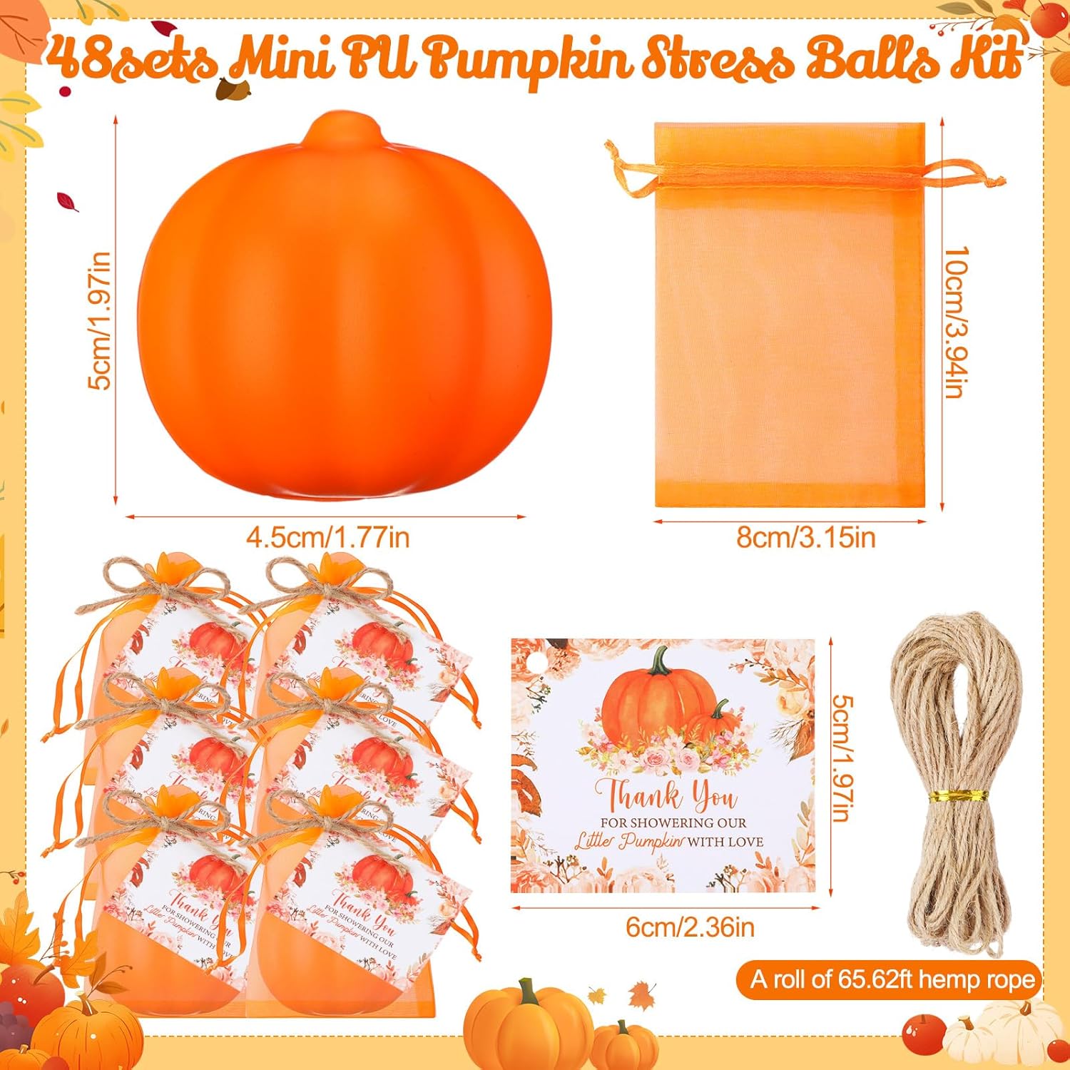 48sets Little Pumpkin Theme Baby Shower Favor Gift Thanksgiving Mini PU Pumpkin Stress Balls Bulk Thanks Cards Drawstring Gift Bags Rope for Fall Gender Reveal Autumn Bag Fillers(Orange)