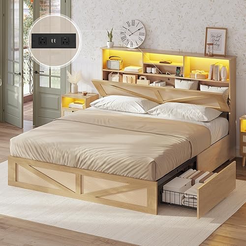 AOGLLATI Queen Bed Frame with 4 Storage Drawers and 2-Tier Bookcase Hidden Headboard, Rattan Led Bed Frame Queen Size with Charging Station, No Box Spring Needed, Wood - Wood - Queen