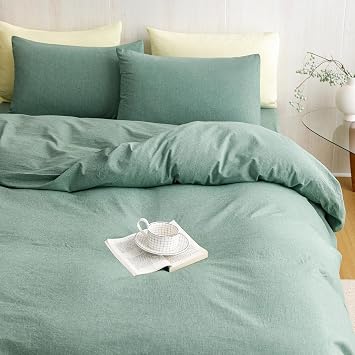 KAREVER Green Comforter Queen Washed Cotton 3 PCs 100% Cotton Bedding Set Light Green Queen Size Comforter Set