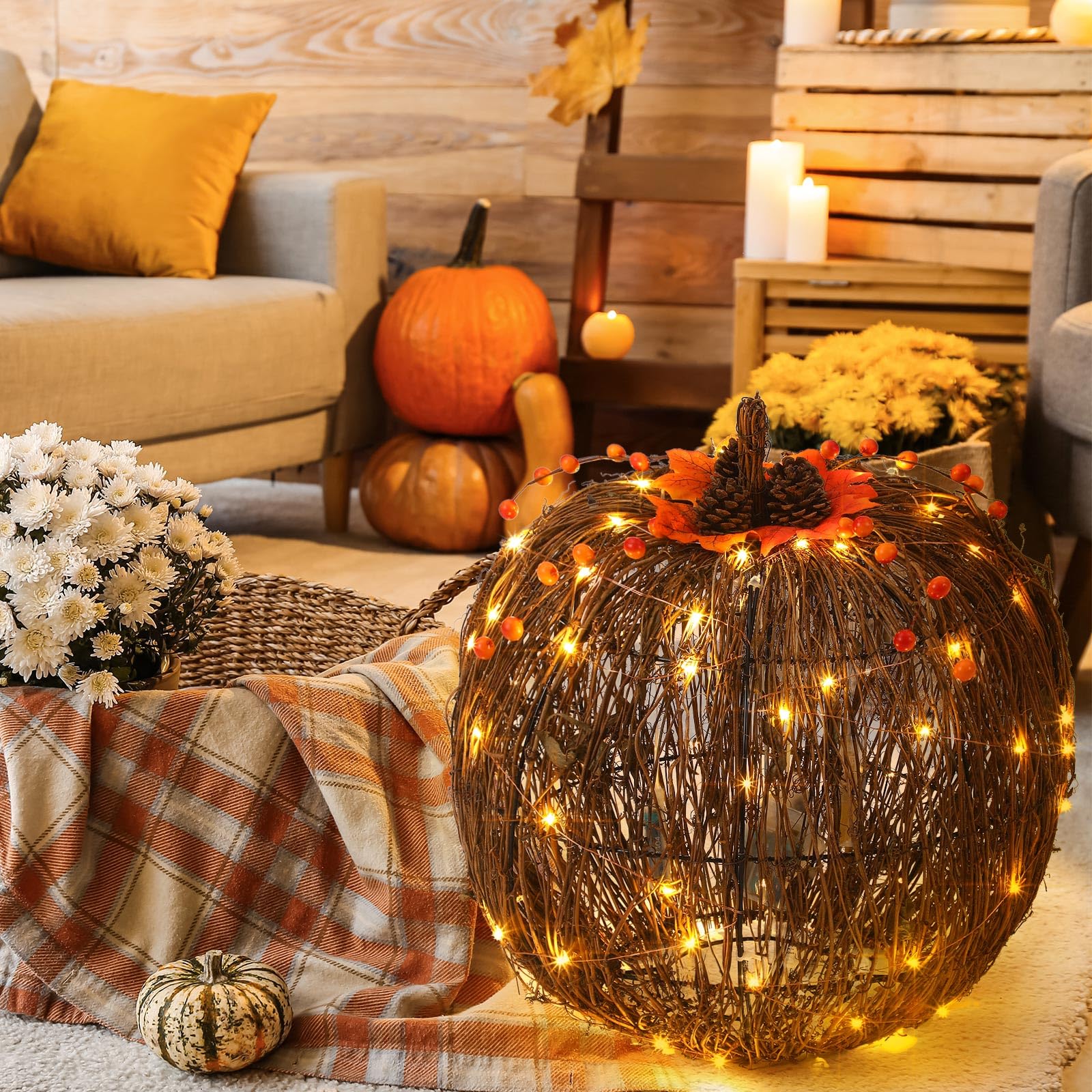 Wonderjune Lot de 2 citrouilles artificielles en rotin - Lanternes en rotin - Éclairage LED - Pour intérieur et extérieur - Décoration d'Halloween - Thanksgiving - Pour porche (marron, 45,7 cm, 52 cm)